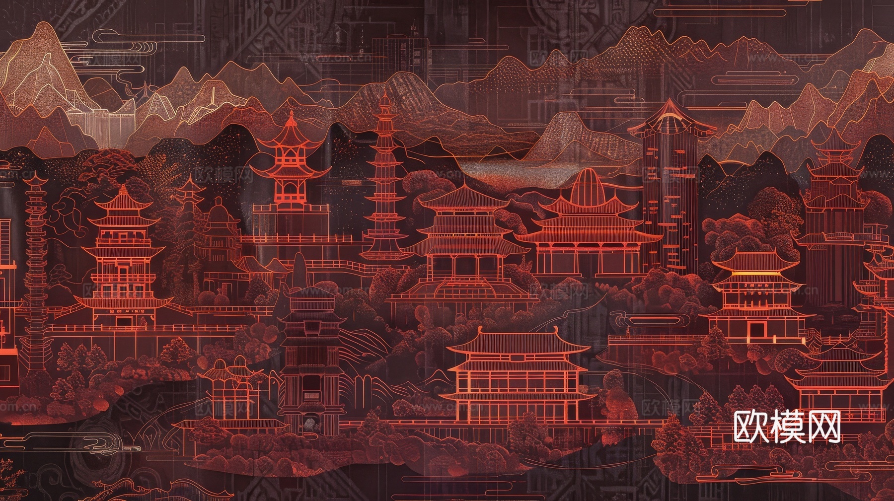 新中式亭台楼阁线条建筑壁画下载（渲染图4）