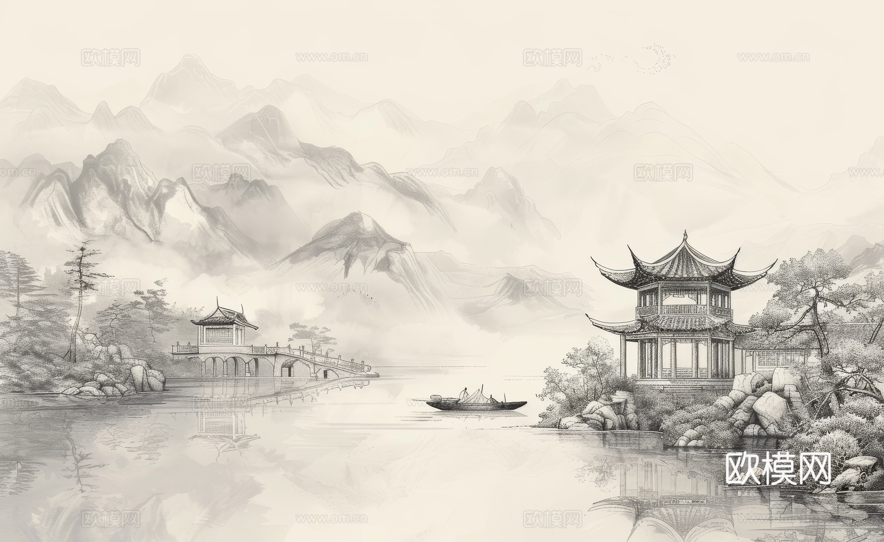 新中式亭台楼阁线条建筑壁画