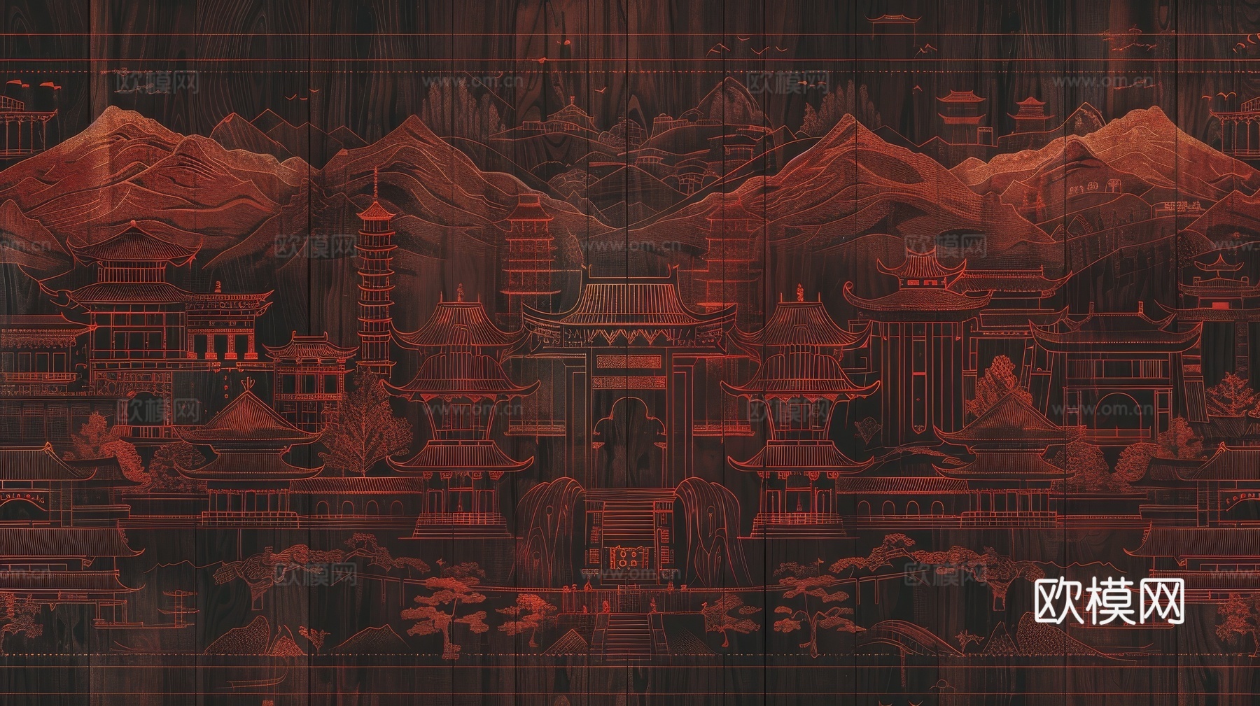 新中式亭台楼阁线条建筑壁画