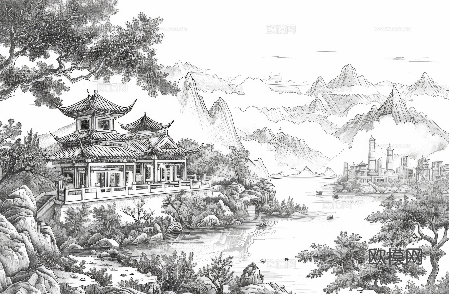 新中式亭台楼阁线条建筑壁画