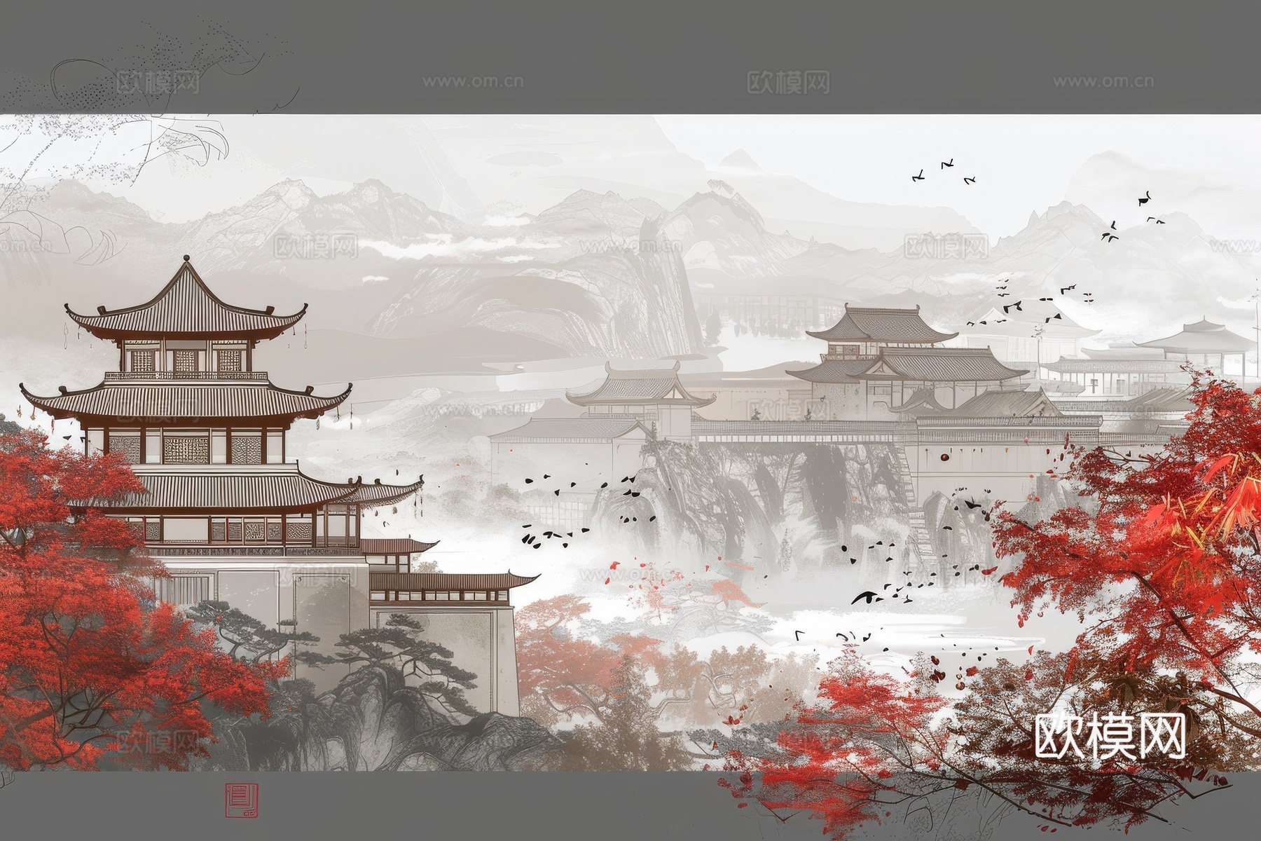 新中式亭台楼阁线条建筑壁画下载（渲染图4）