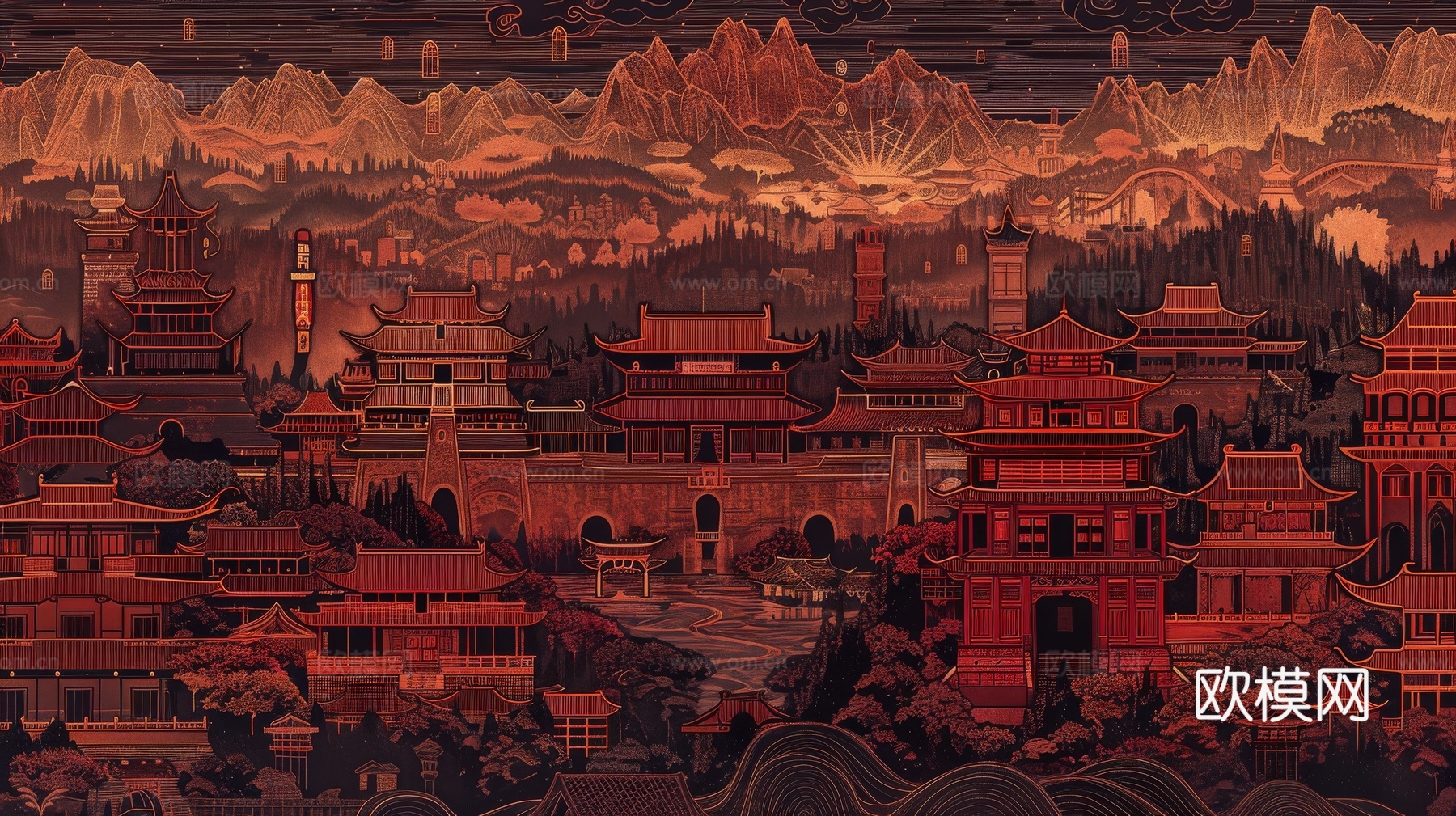 新中式亭台楼阁线条建筑壁画下载（渲染图3）