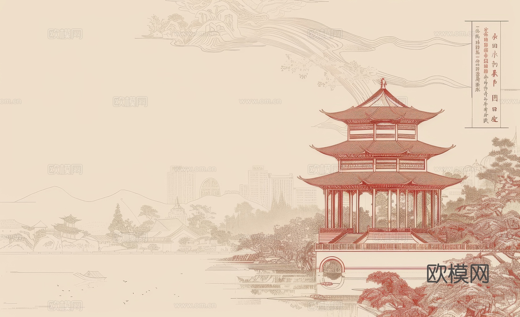 新中式亭台楼阁线条建筑壁画下载（渲染图6）