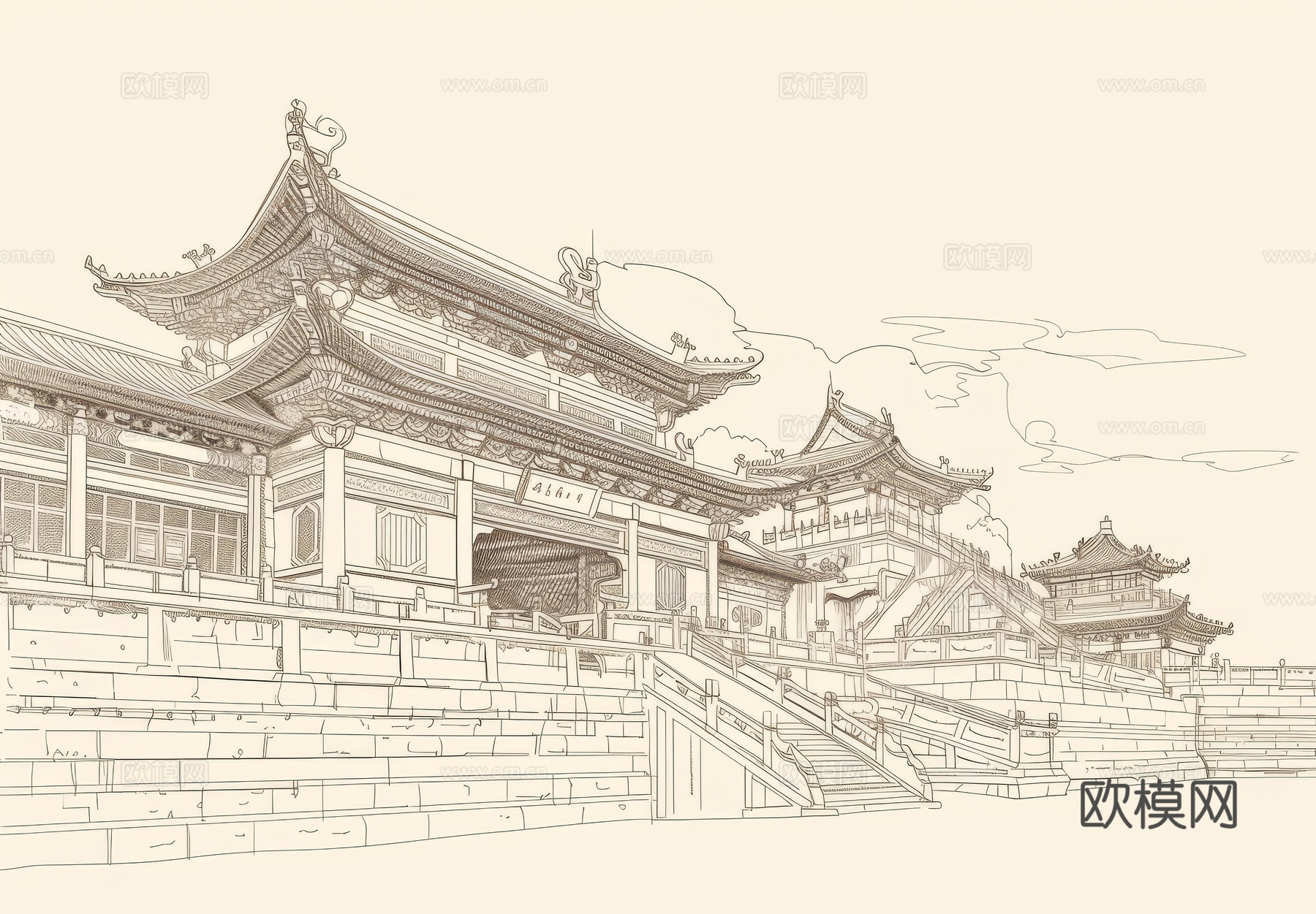 新中式亭台楼阁线条建筑壁画下载（渲染图4）