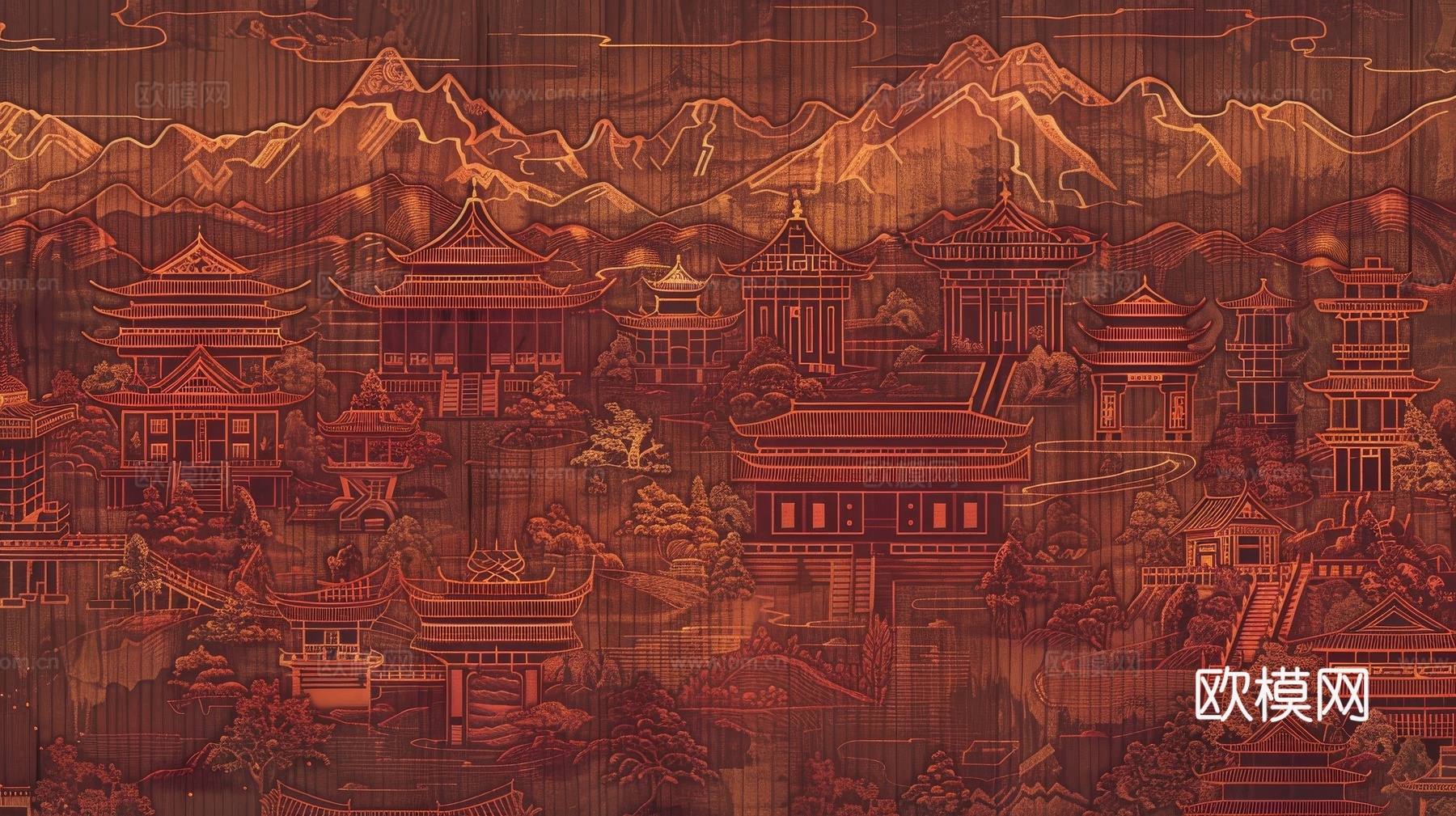 新中式亭台楼阁线条建筑壁画