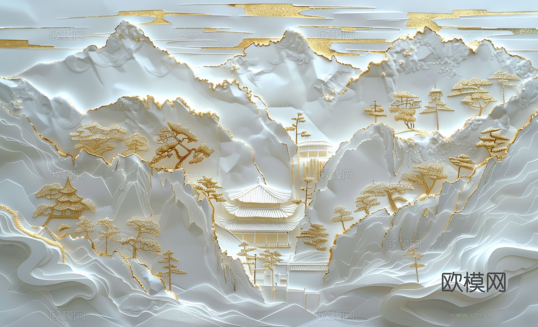 新中式亭台楼阁线条建筑壁画下载（渲染图1）