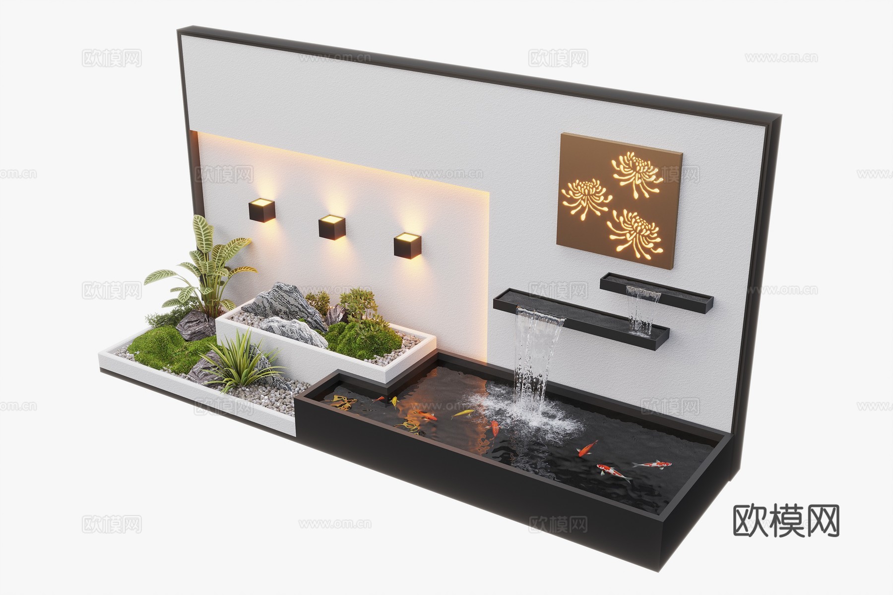现代庭院水景 水景墙 叠水 景观植物 鱼池3d模型