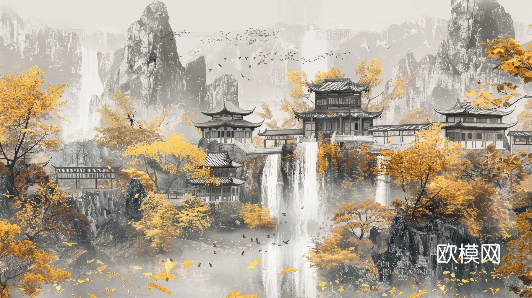 新中式亭台楼阁线条建筑壁画