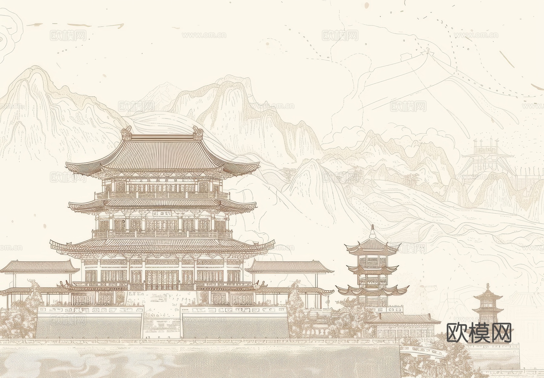 新中式亭台楼阁线条建筑壁画下载（渲染图3）