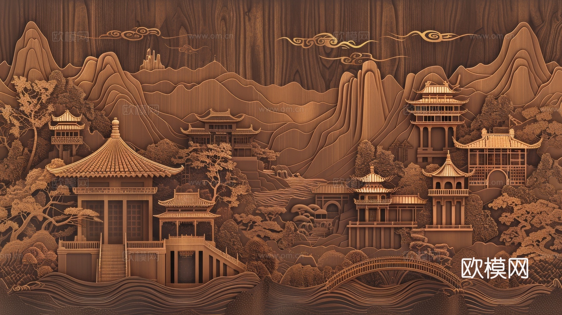新中式亭台楼阁线条建筑壁画