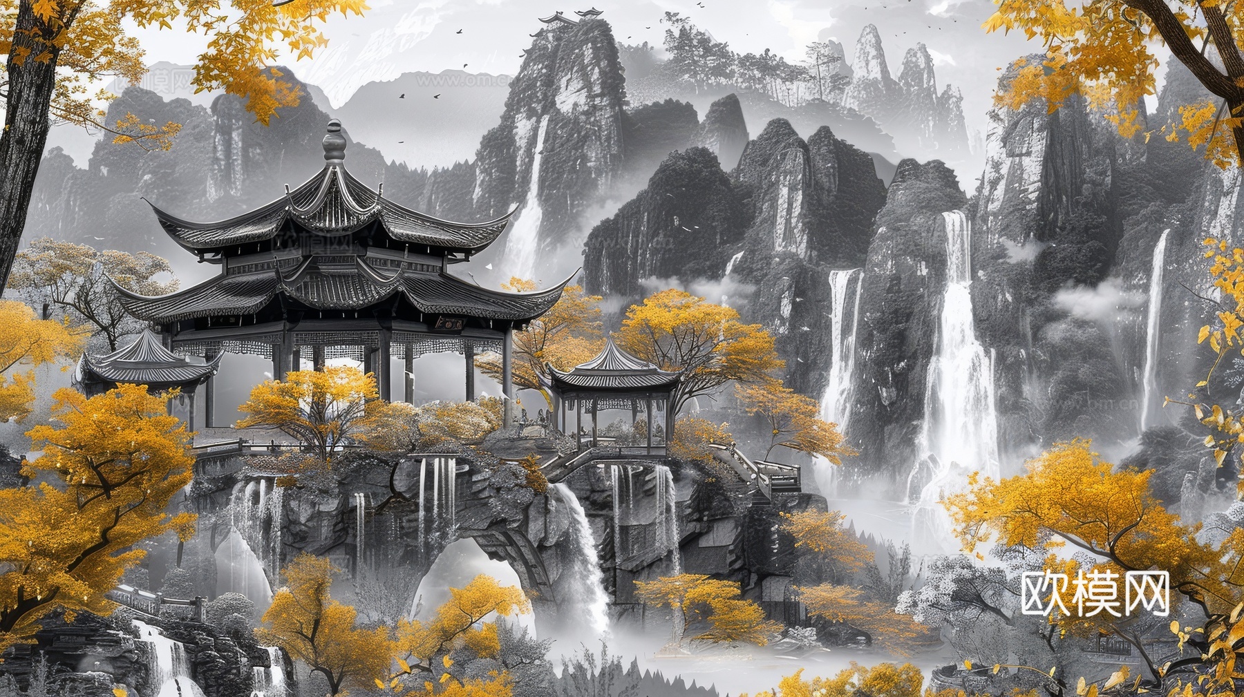 新中式亭台楼阁线条建筑壁画