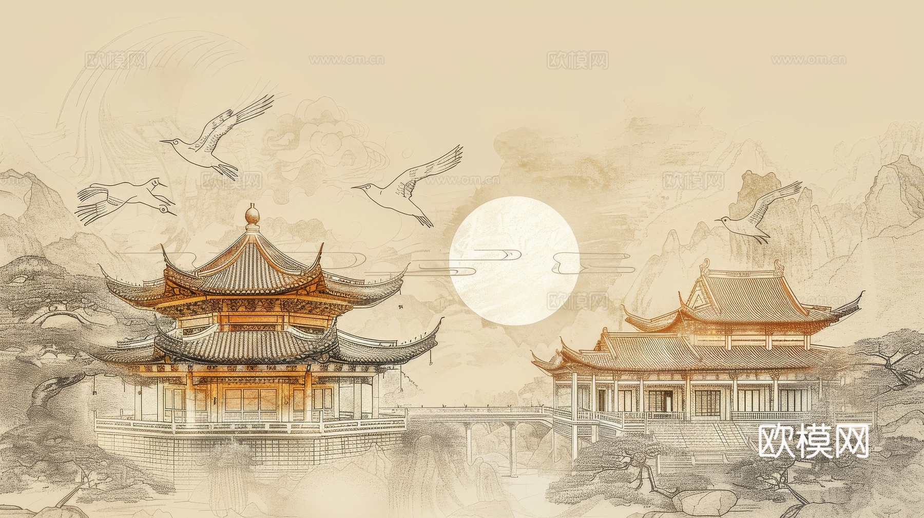 新中式亭台楼阁线条建筑壁画