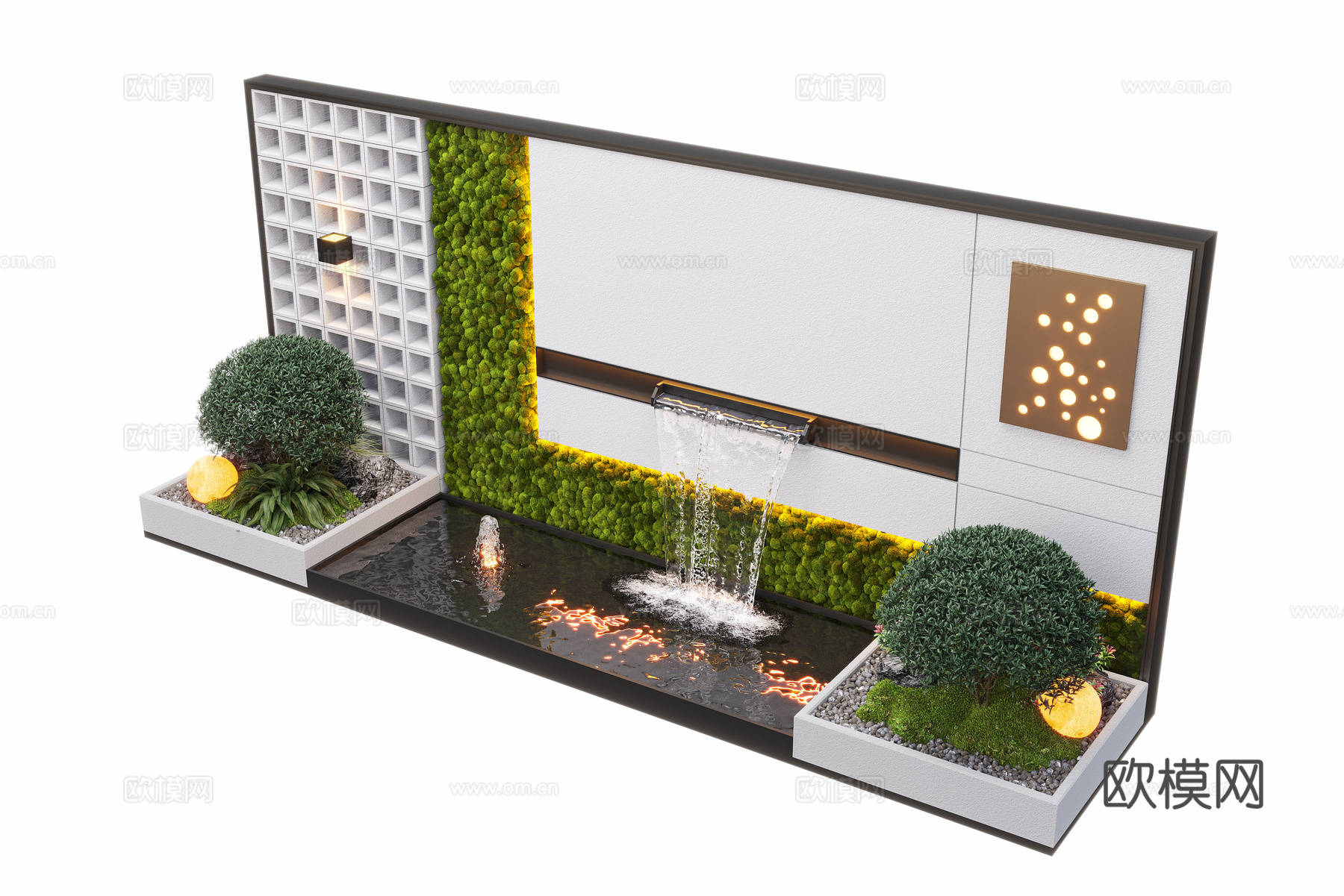 现代庭院水景 水景墙 叠水 景观植物 鱼池3d模型