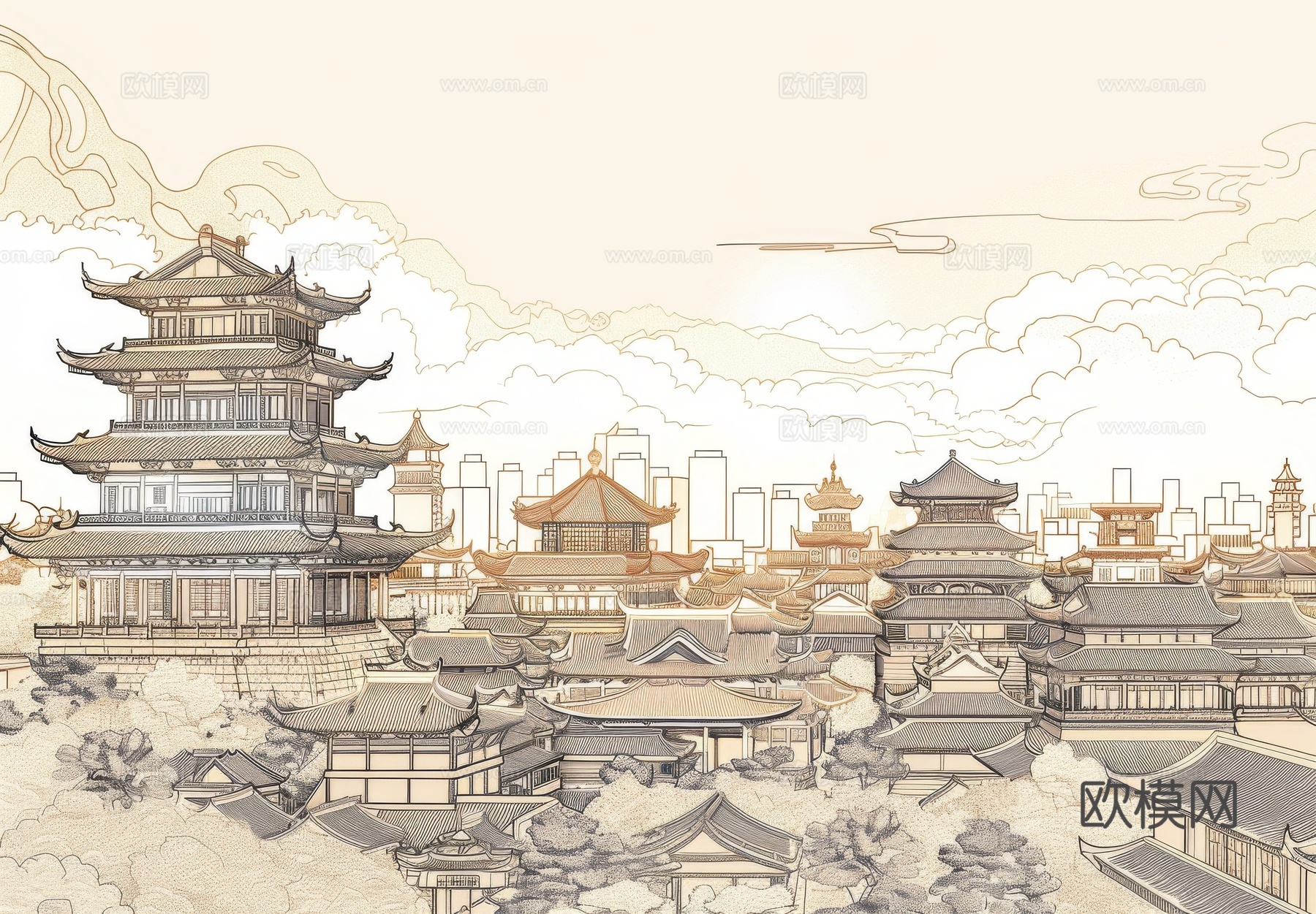 新中式亭台楼阁线条建筑壁画下载（渲染图8）