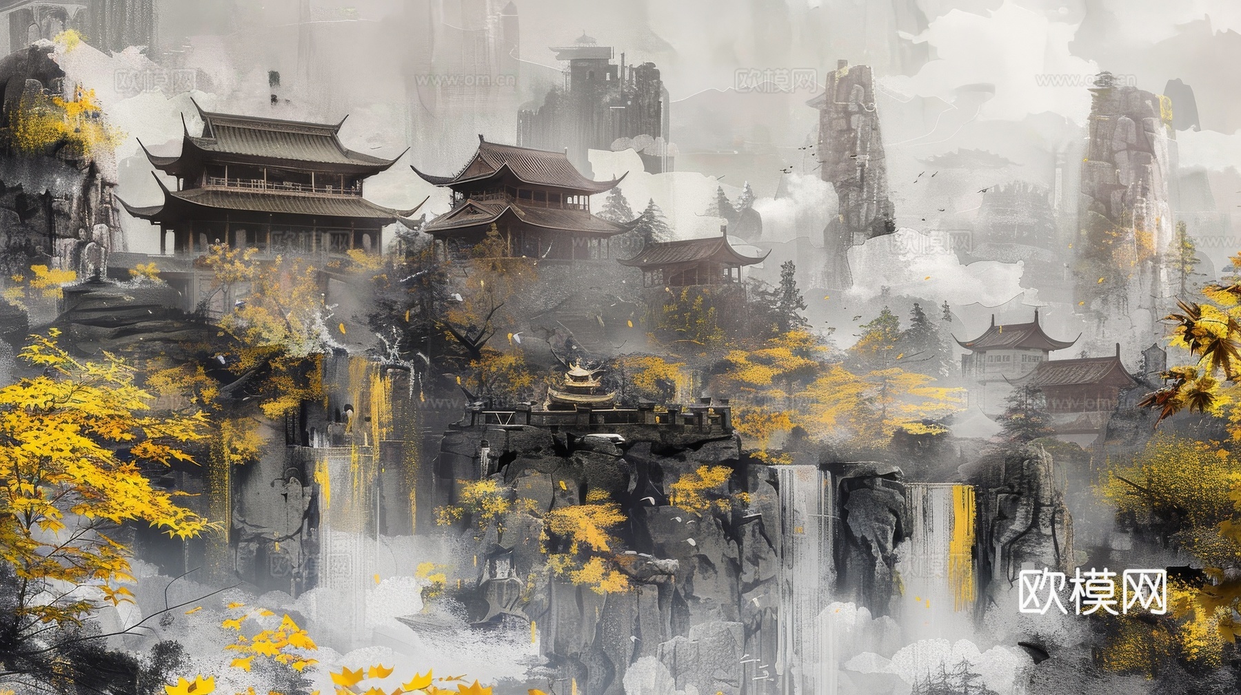 新中式亭台楼阁线条建筑壁画