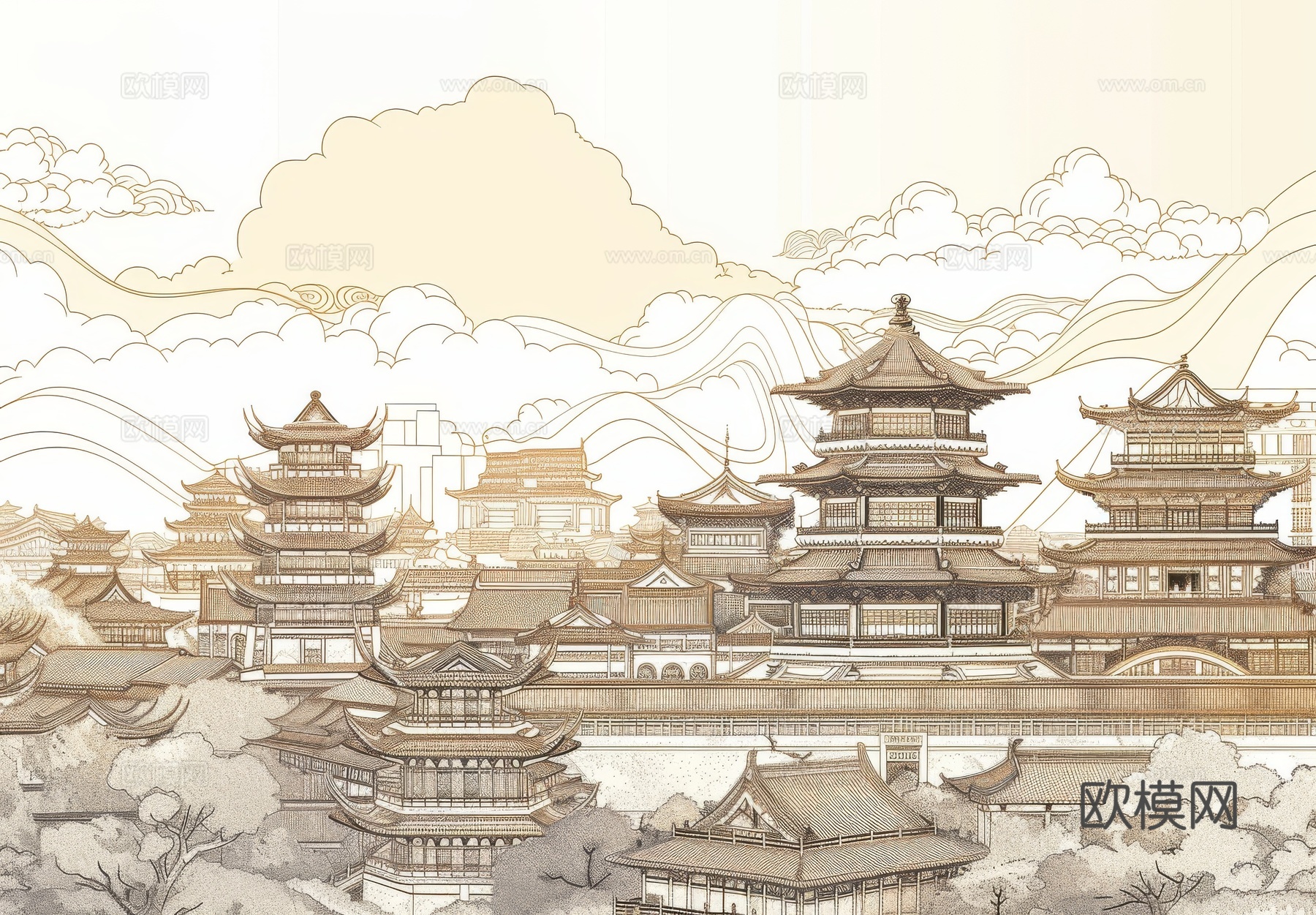 新中式亭台楼阁线条建筑壁画