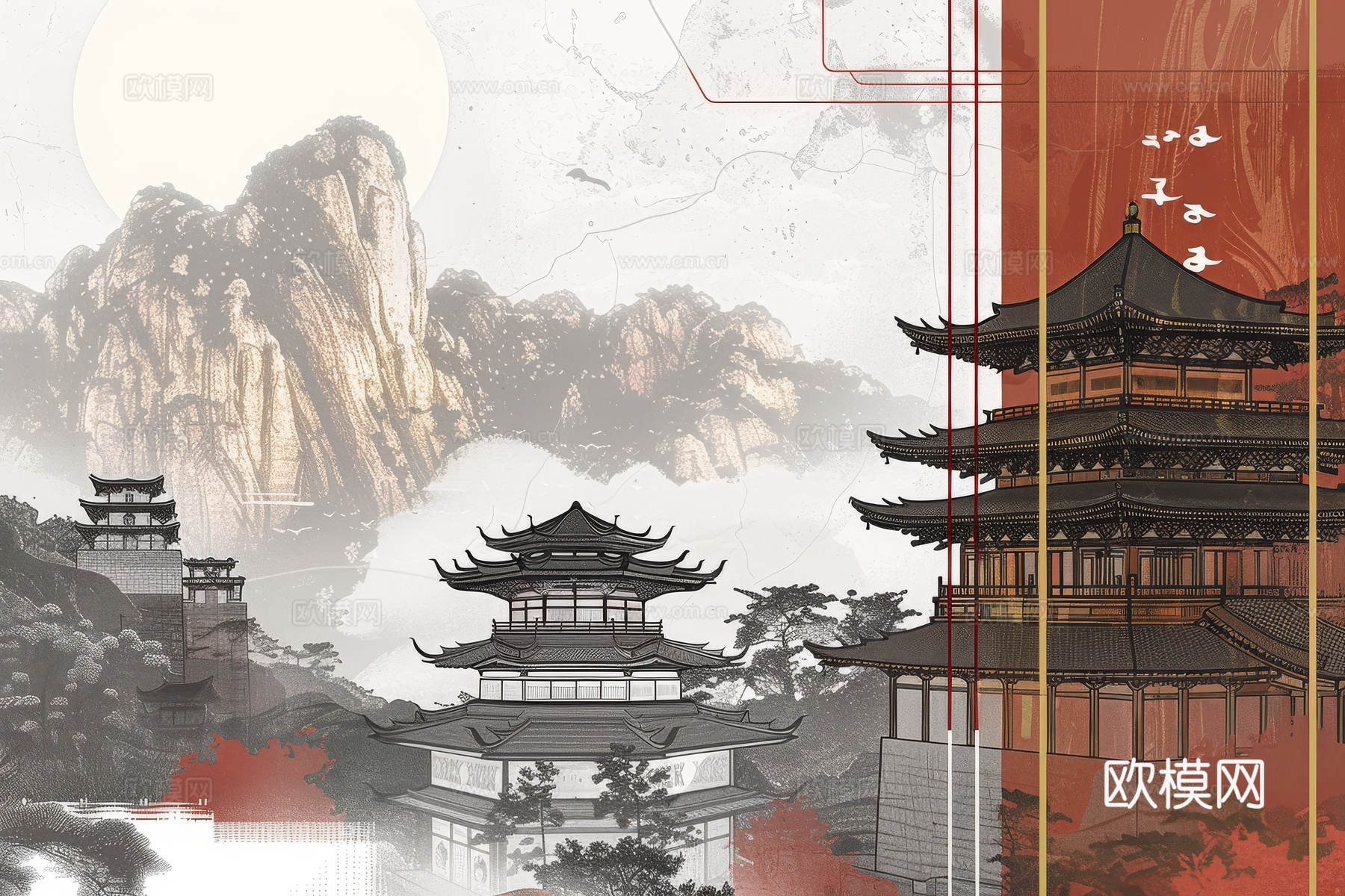 新中式亭台楼阁线条建筑壁画下载（渲染图7）