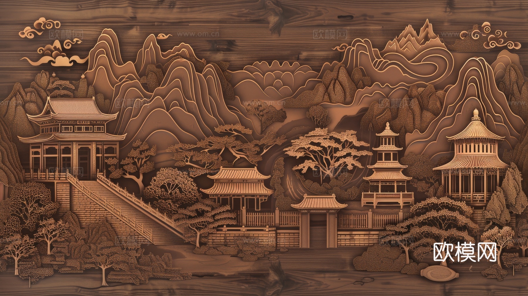 新中式亭台楼阁线条建筑壁画
