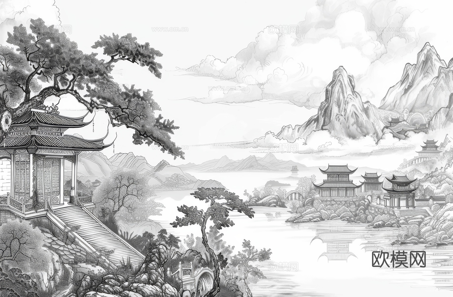 新中式亭台楼阁线条建筑壁画