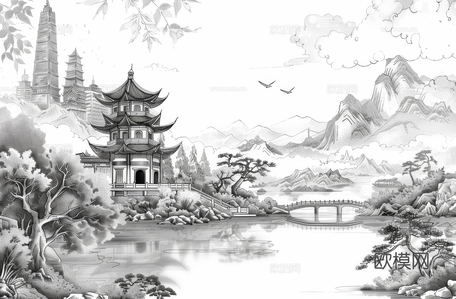 新中式亭台楼阁线条建筑壁画