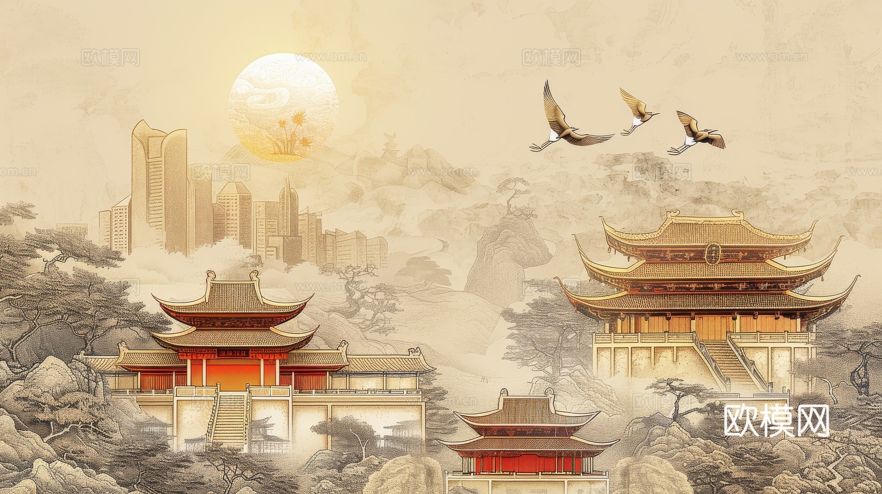 新中式亭台楼阁线条建筑壁画