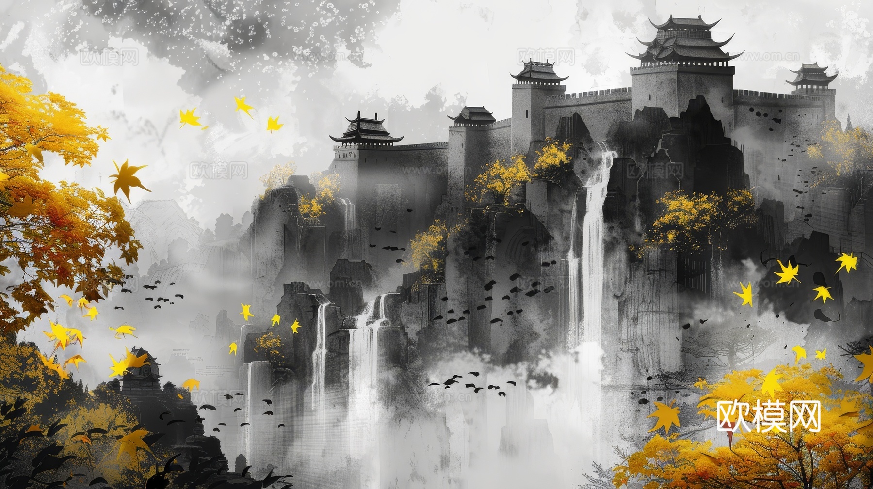 新中式亭台楼阁线条建筑壁画
