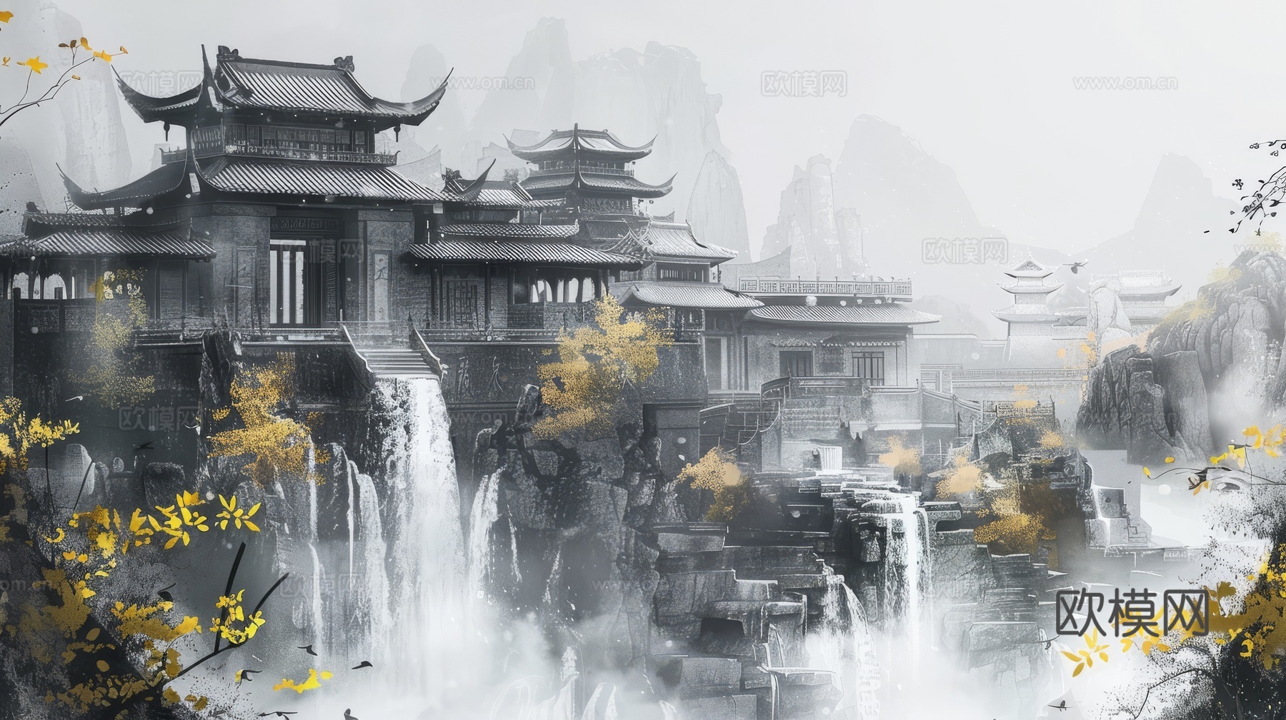 新中式亭台楼阁线条建筑壁画