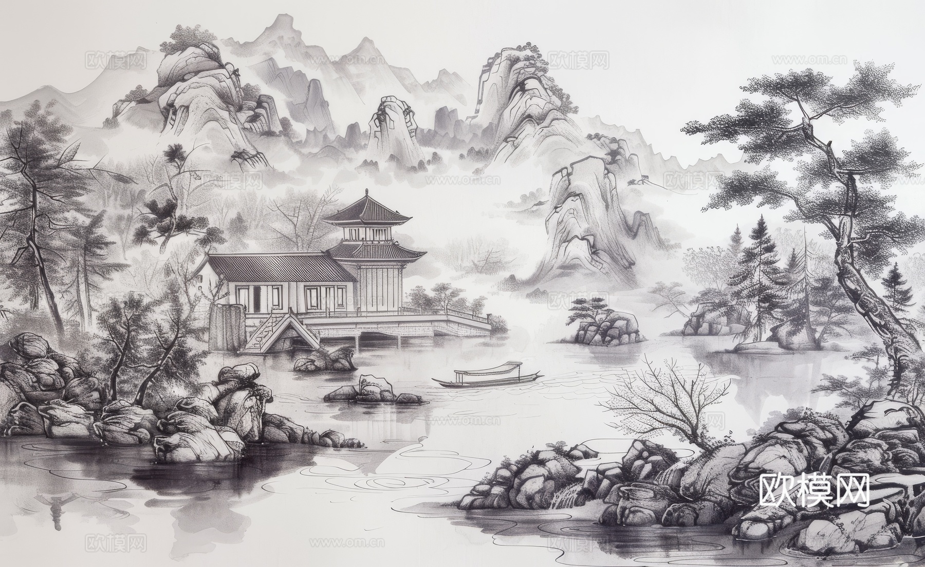 新中式亭台楼阁线条建筑壁画下载（渲染图6）