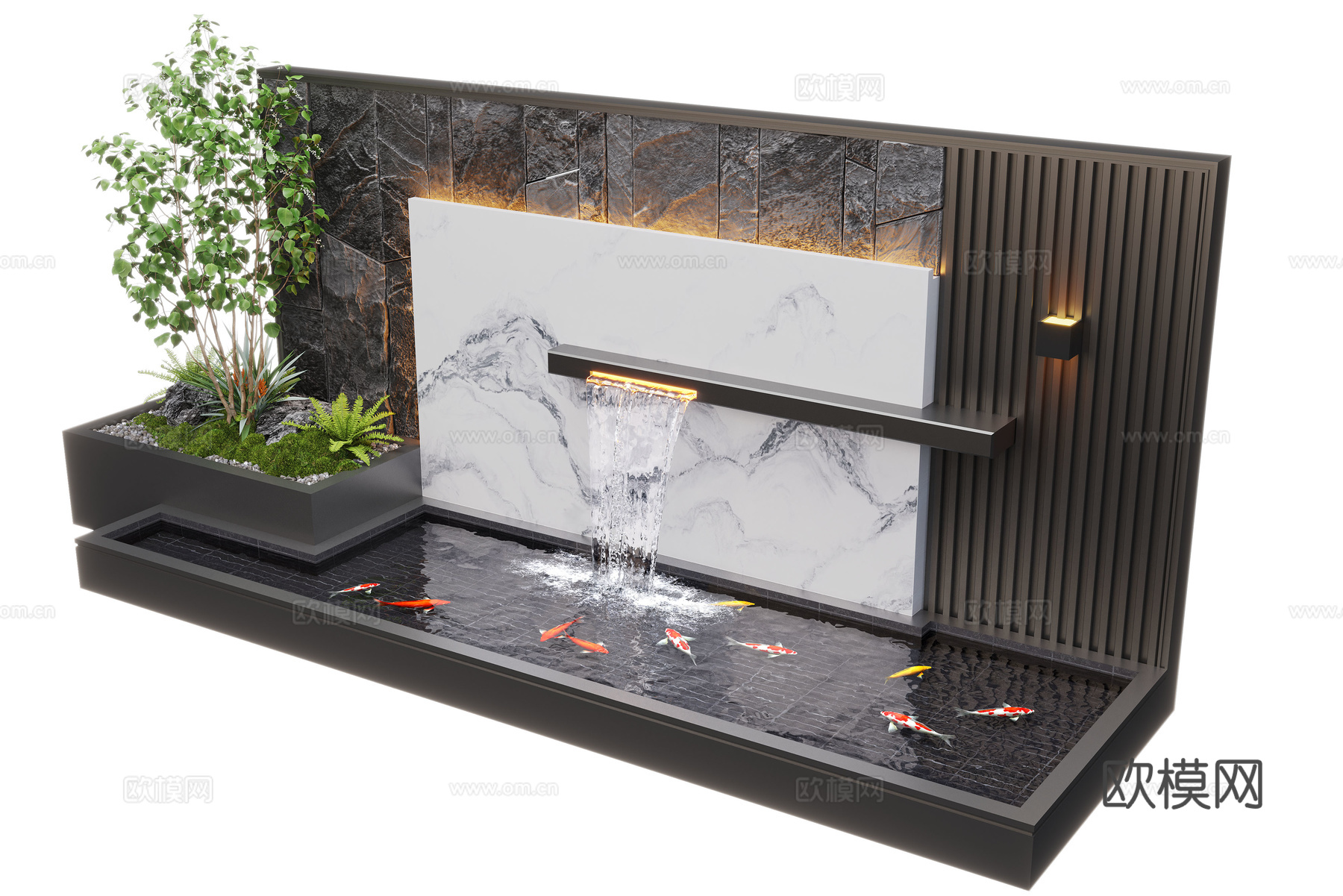 现代庭院水景 水景墙 叠水 景观植物 鱼池su模型