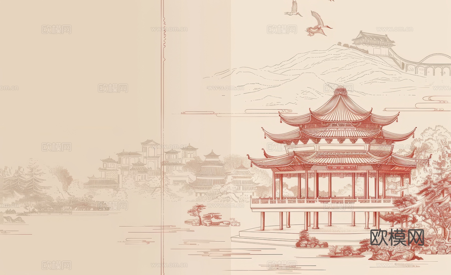 新中式亭台楼阁线条建筑壁画下载（渲染图2）