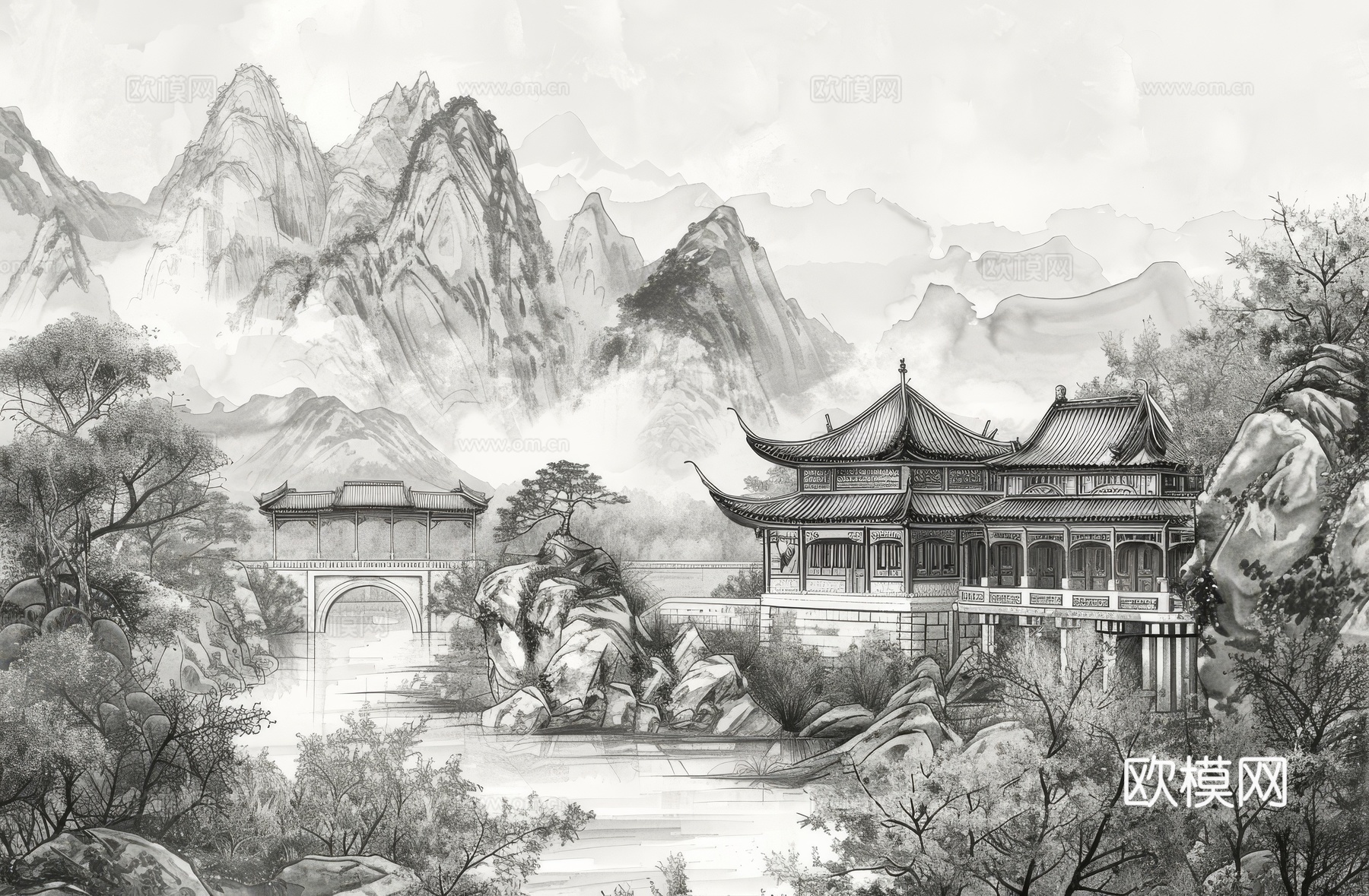 新中式亭台楼阁线条建筑壁画下载（渲染图6）