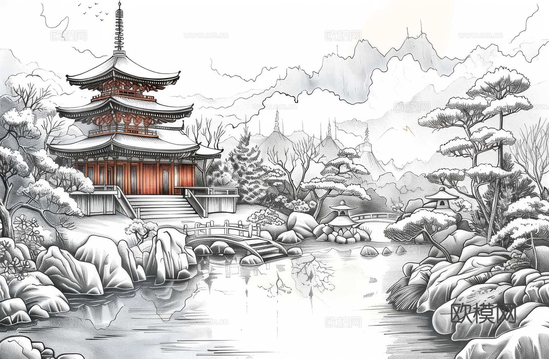 新中式亭台楼阁线条建筑壁画下载（渲染图8）