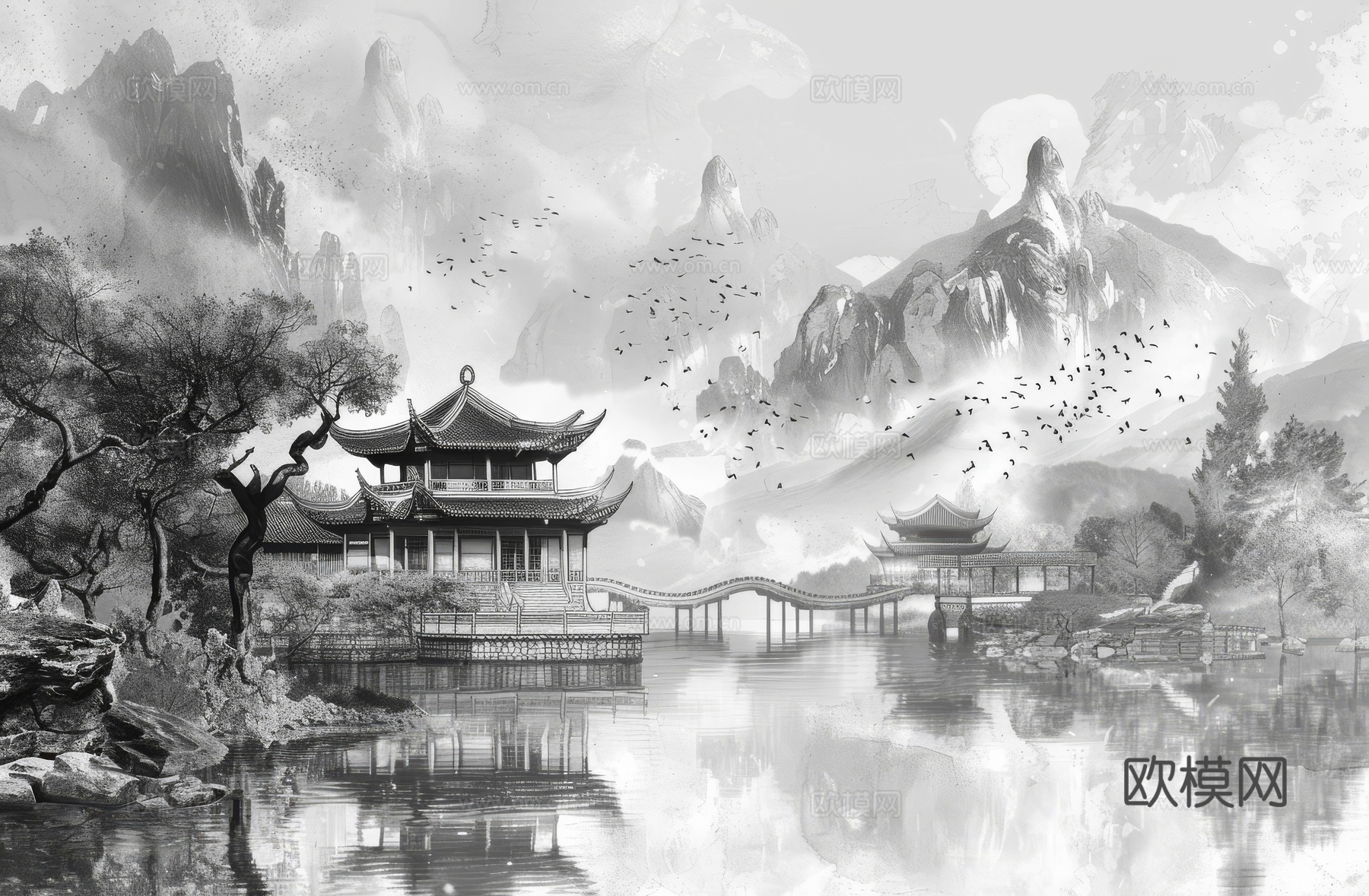 新中式亭台楼阁线条建筑壁画