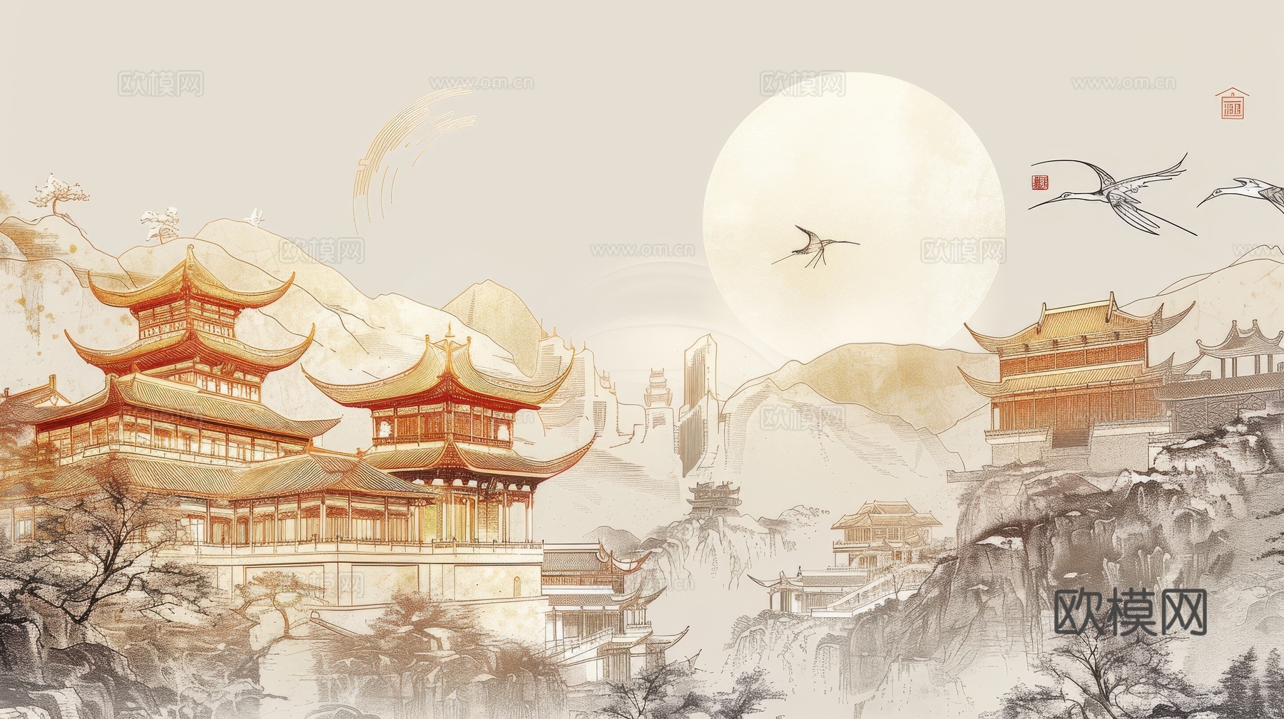 新中式亭台楼阁线条建筑壁画