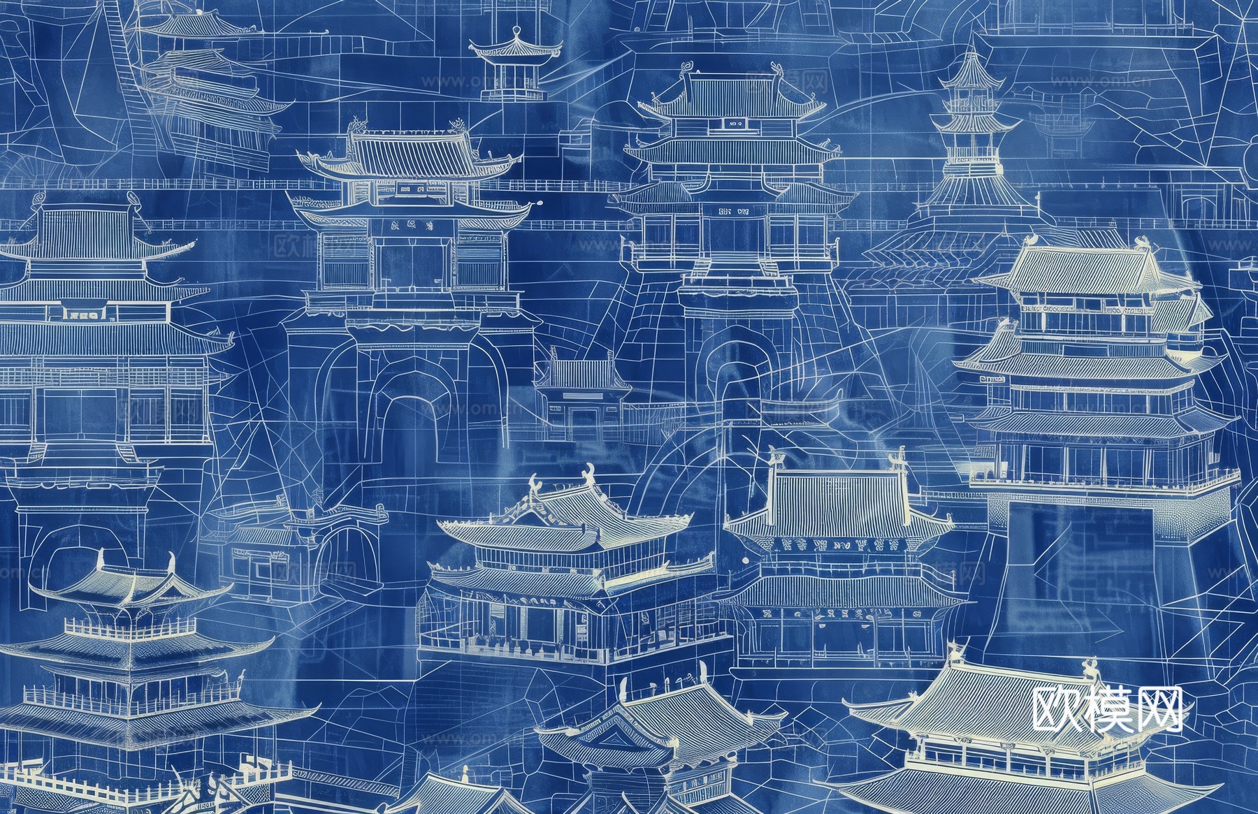 新中式亭台楼阁线条建筑壁画
