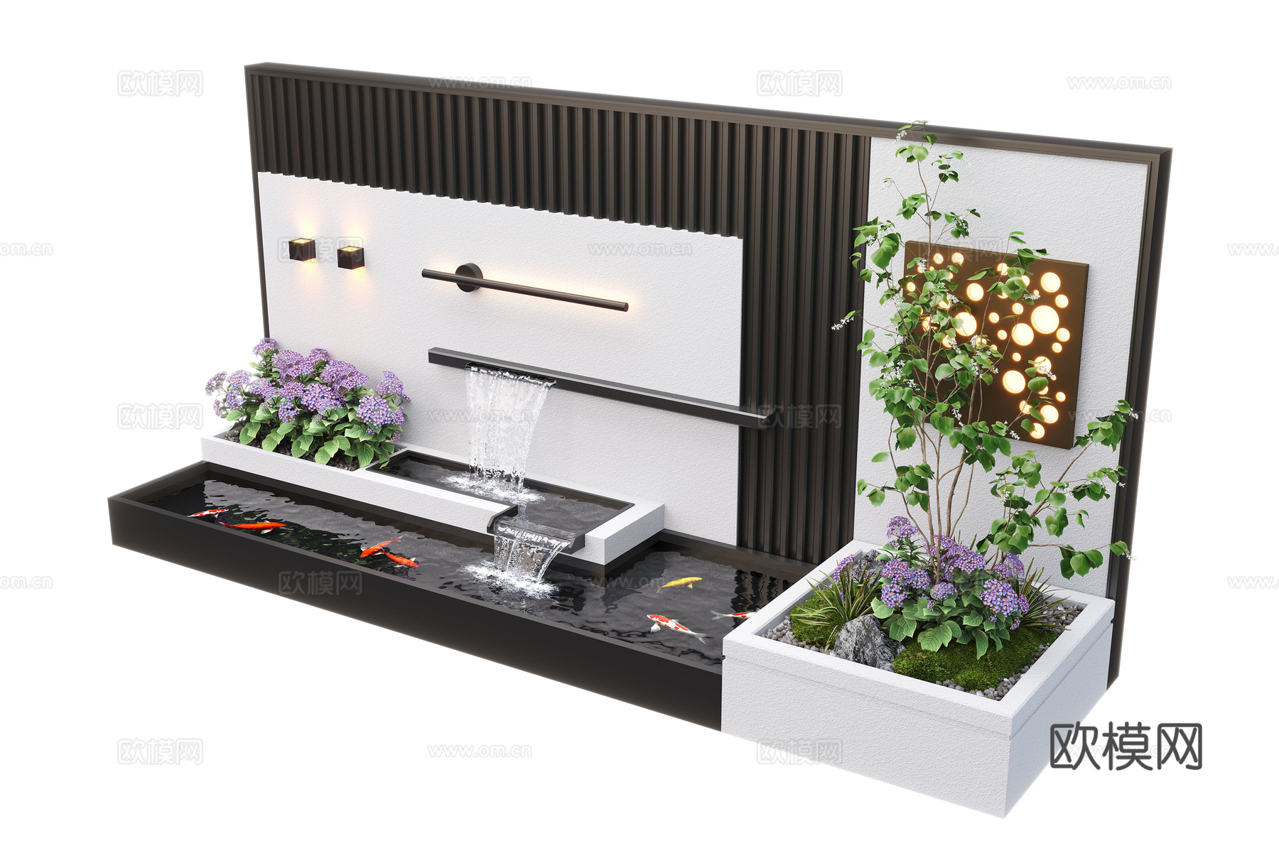 现代庭院水景 水景墙 叠水 景观植物 鱼池3d模型