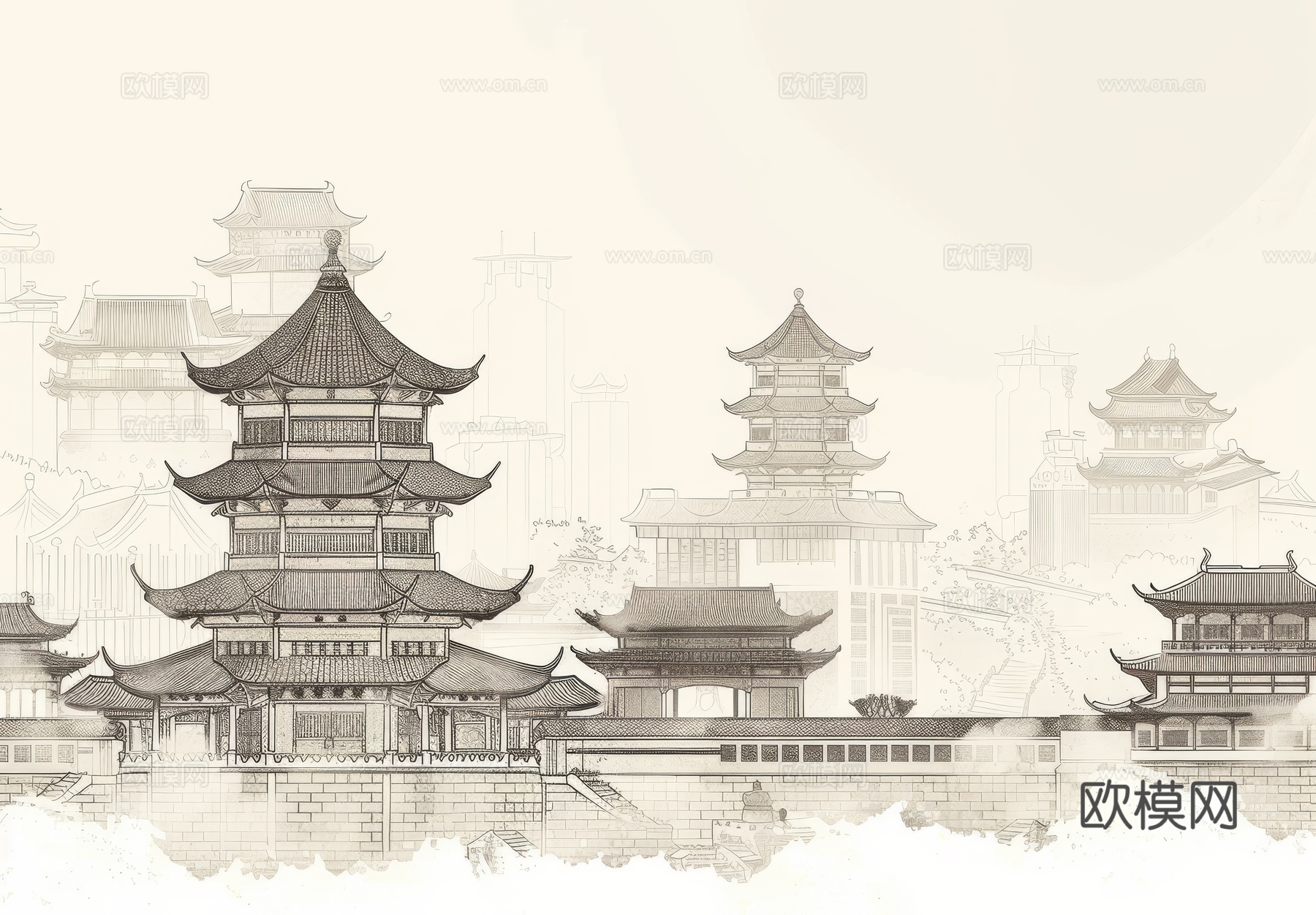 新中式亭台楼阁线条建筑壁画下载（渲染图3）