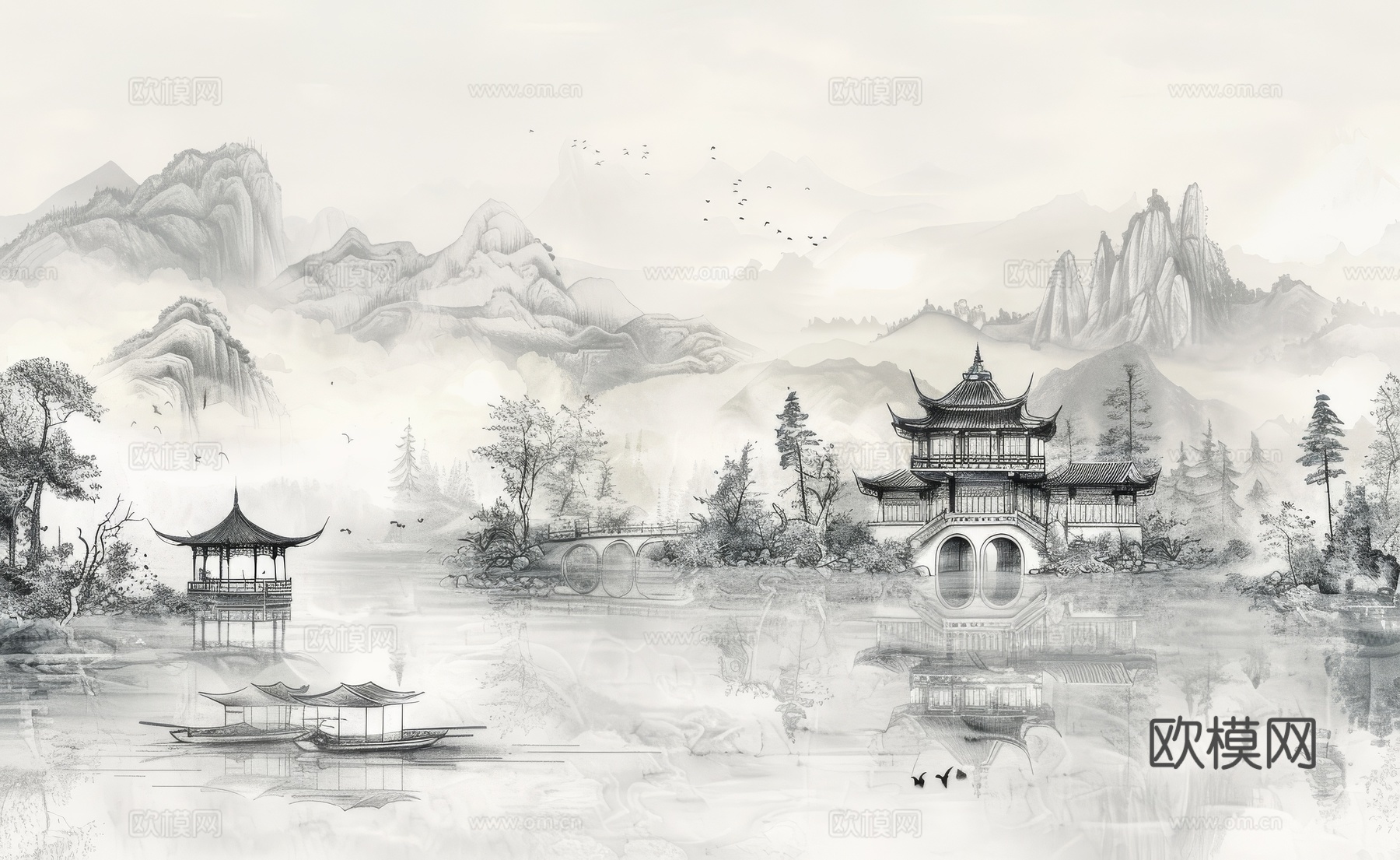 新中式亭台楼阁线条建筑壁画