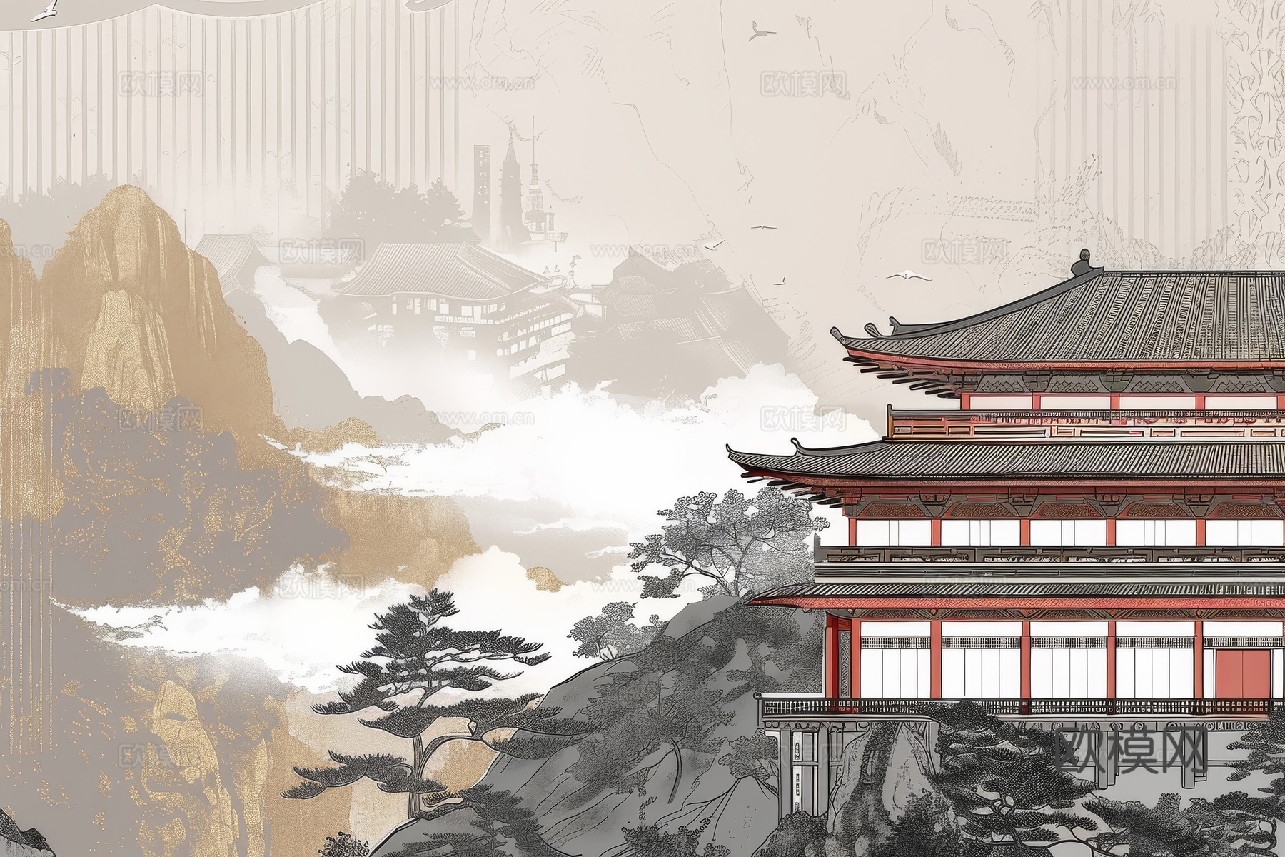 新中式亭台楼阁线条建筑壁画下载（渲染图2）