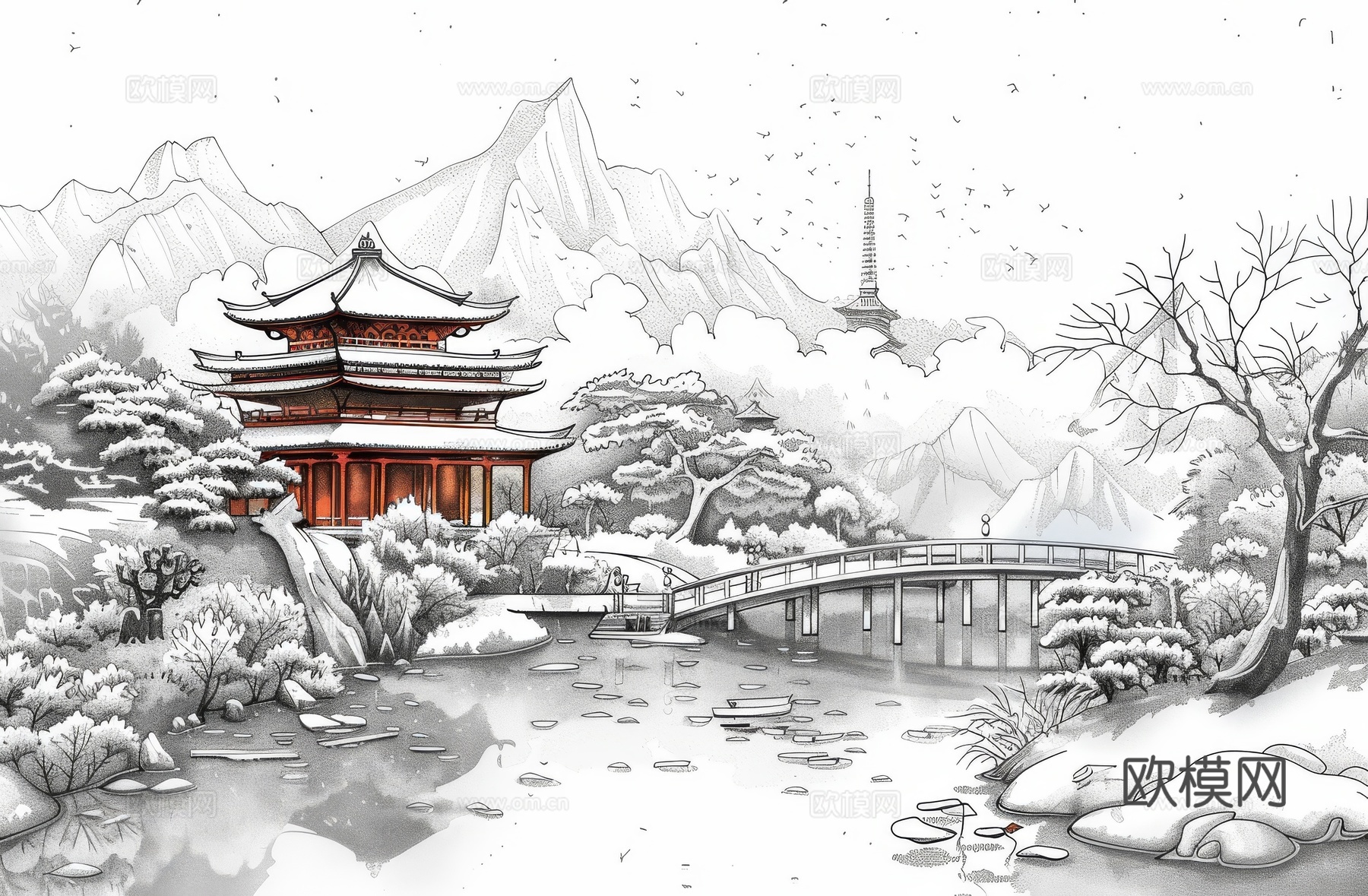 新中式亭台楼阁线条建筑壁画下载（渲染图2）