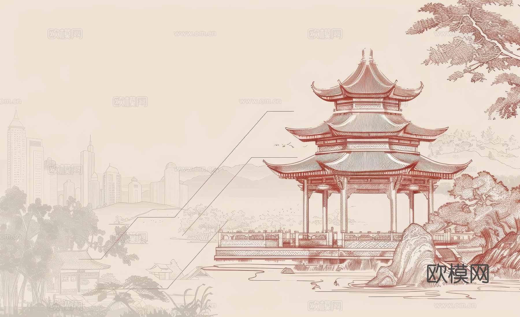 新中式亭台楼阁线条建筑壁画