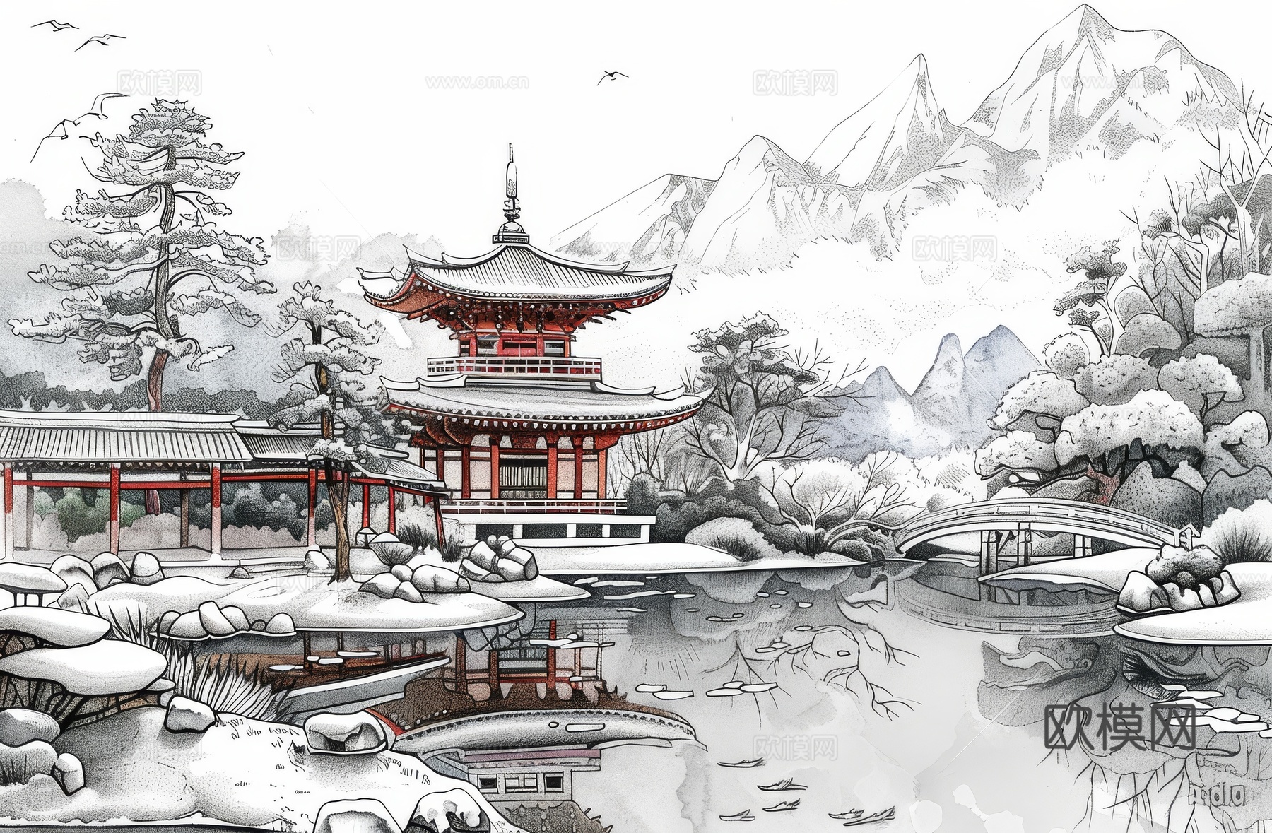 新中式亭台楼阁线条建筑壁画下载（渲染图3）