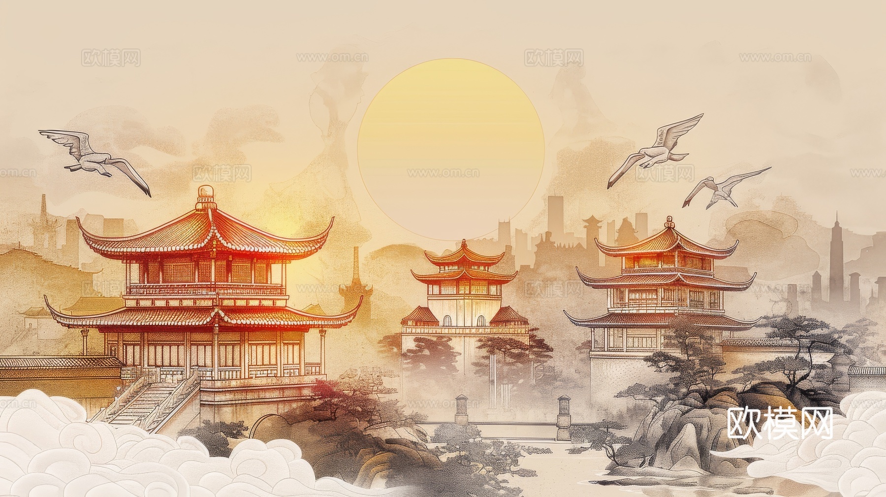 新中式亭台楼阁线条建筑壁画