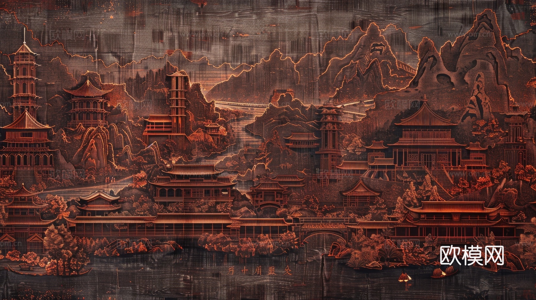 新中式亭台楼阁线条建筑壁画