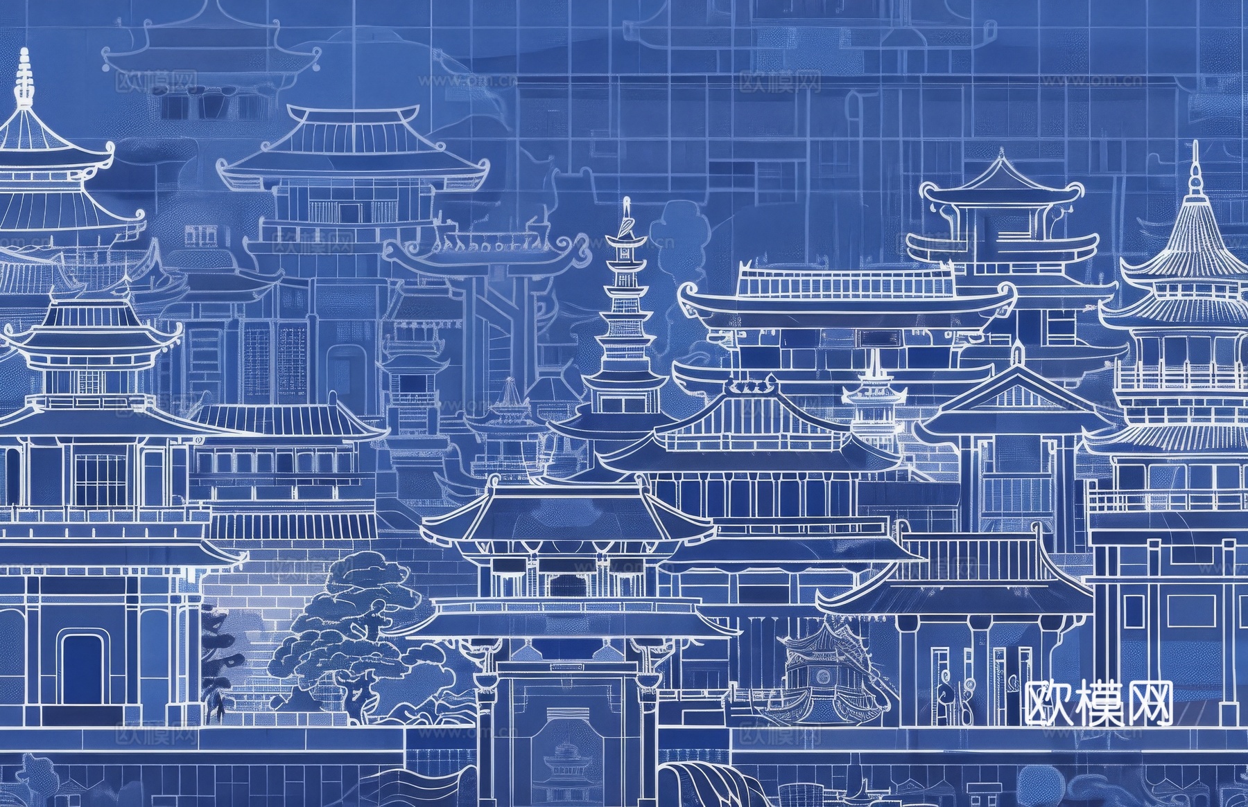 新中式亭台楼阁线条建筑壁画