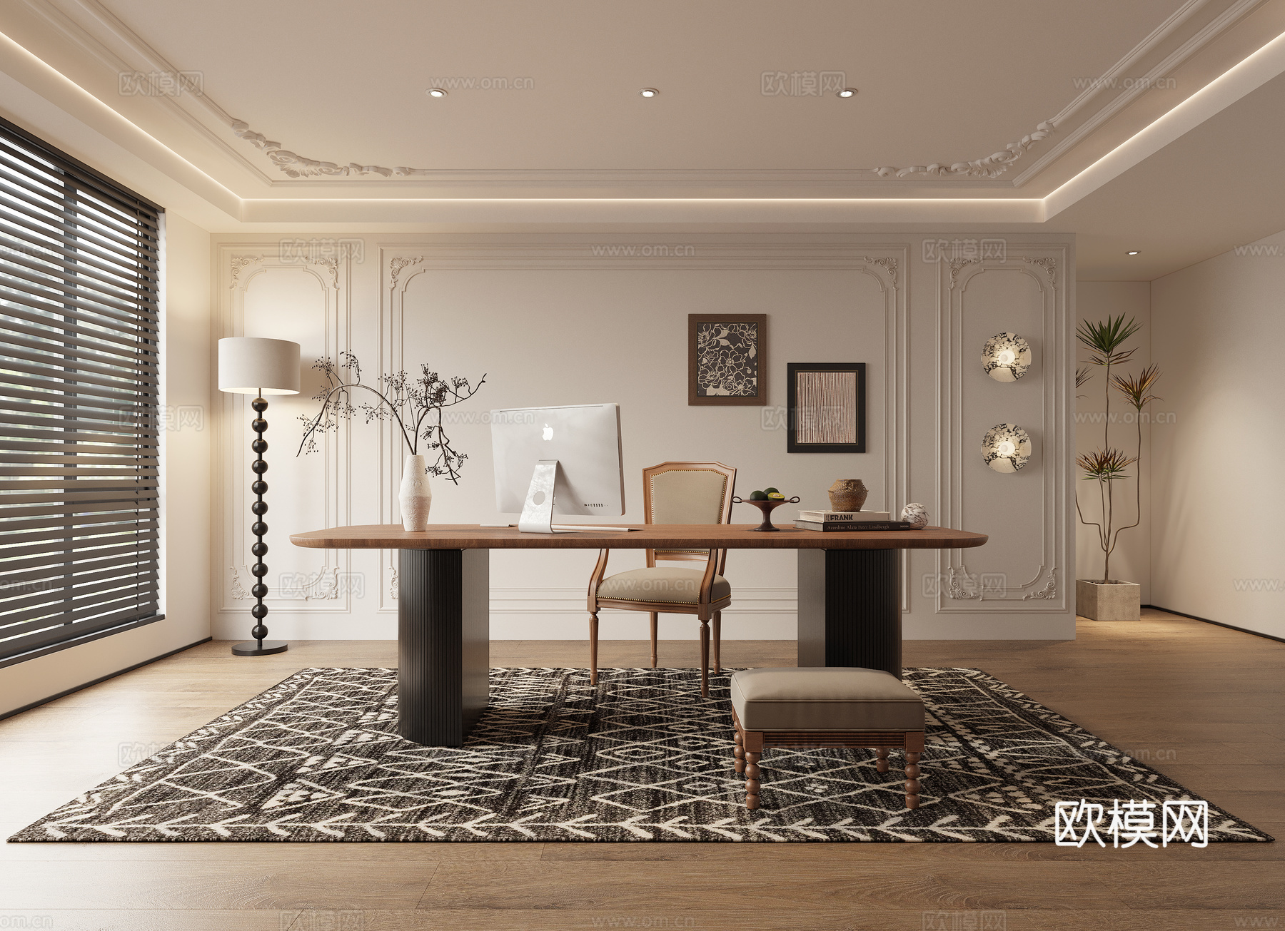 美式复古书房 法式中古书房 书桌椅办公桌落地灯挂画墙饰壁灯3d模型