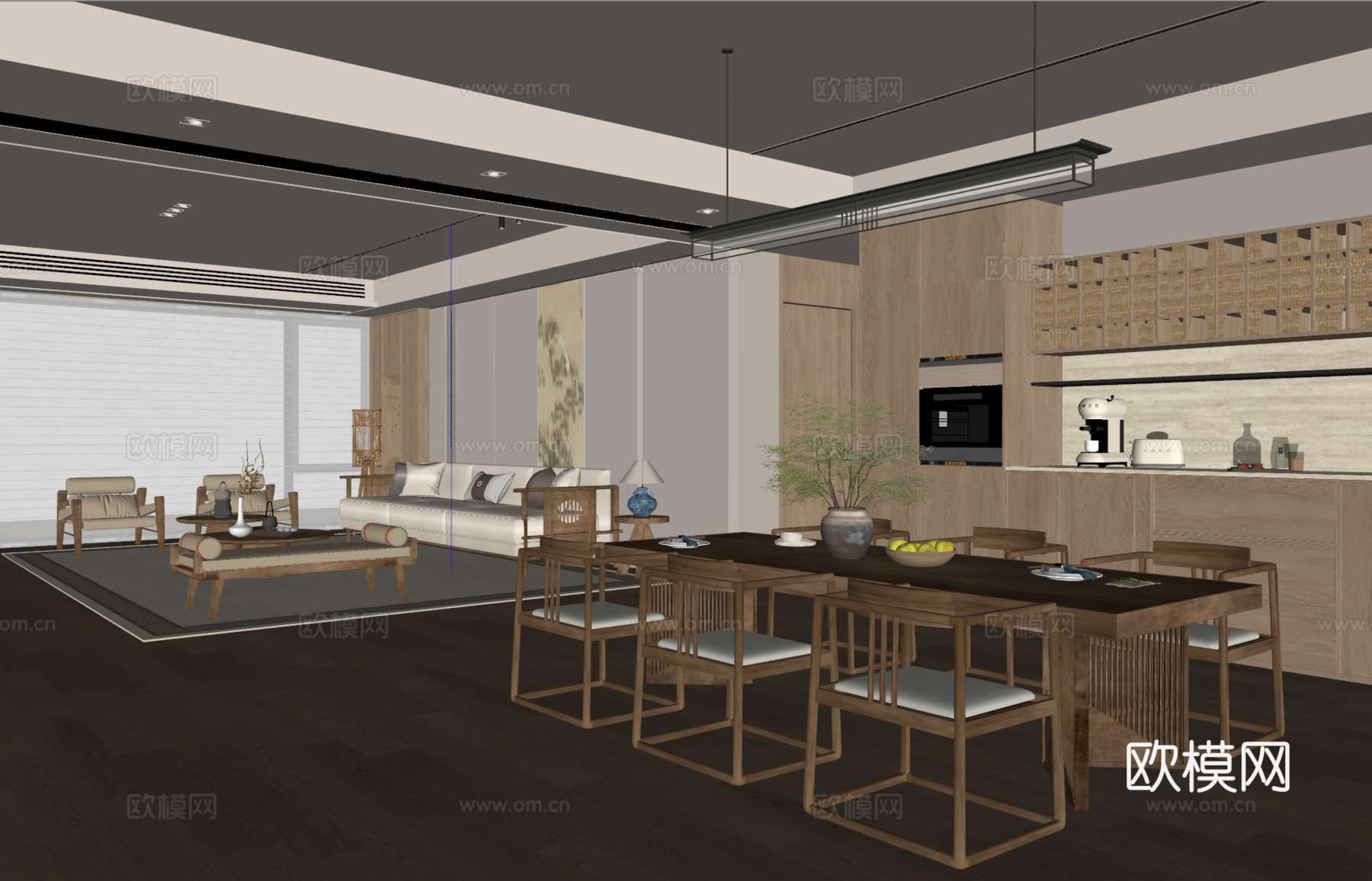 新中式中古客餐厅 宋式风客餐厅 新中式沙发茶几 新中式餐桌椅su模型