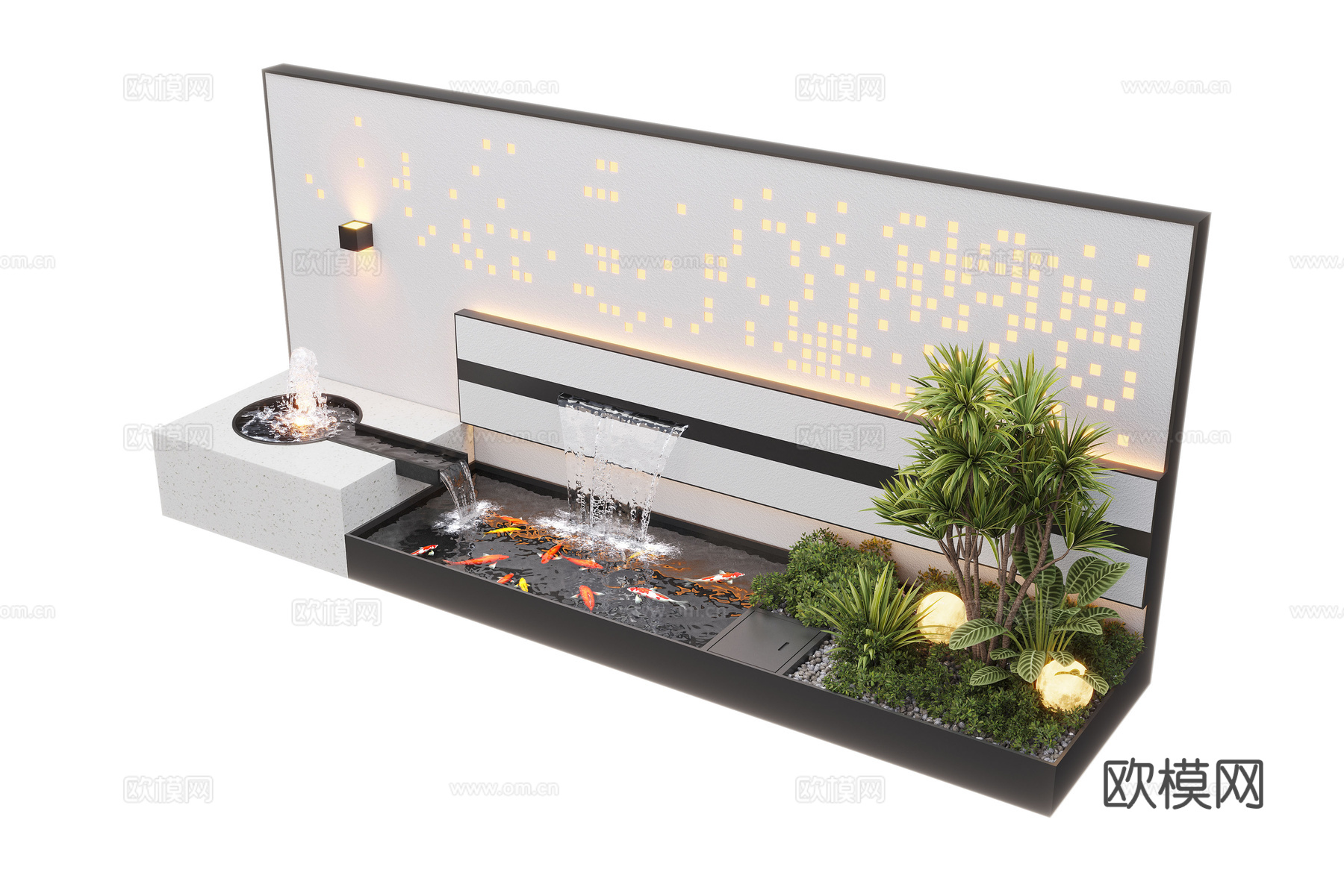 现代庭院水景 水景墙 叠水 景观植物 鱼池3d模型