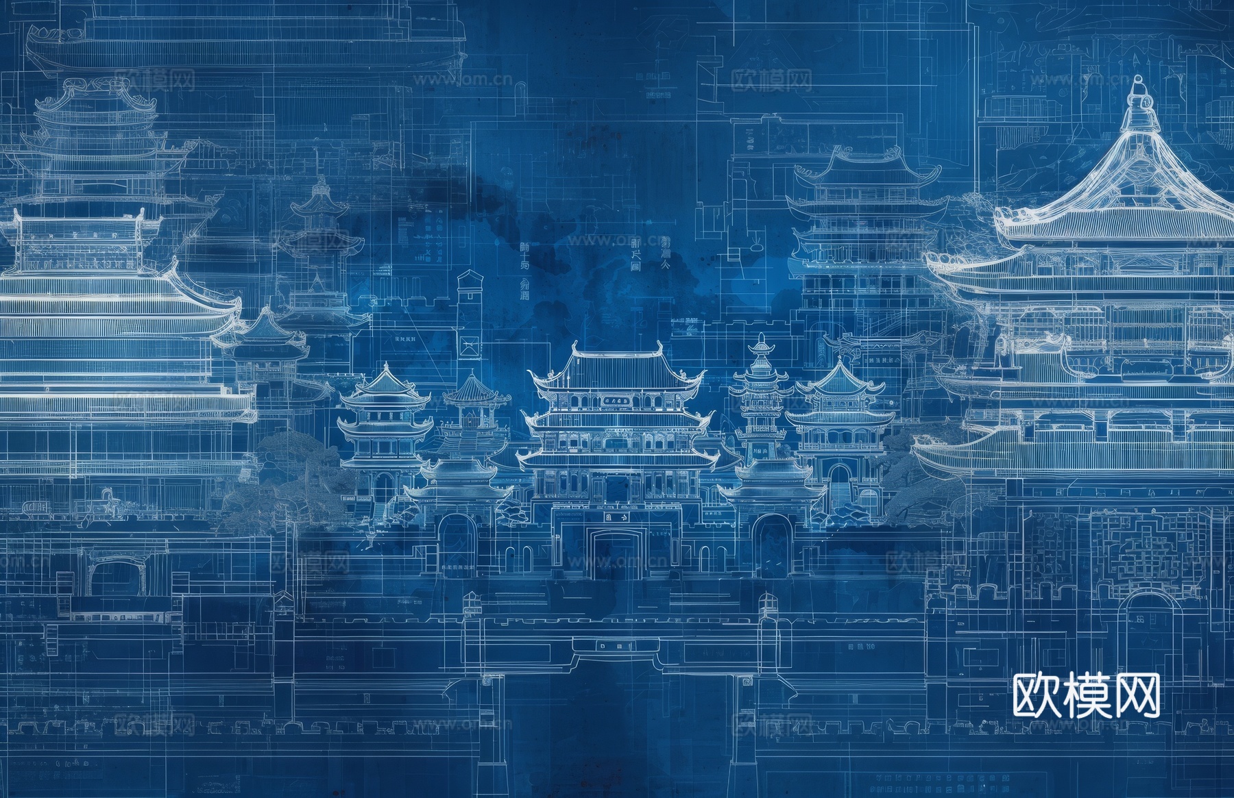 新中式亭台楼阁线条建筑壁画下载（渲染图2）