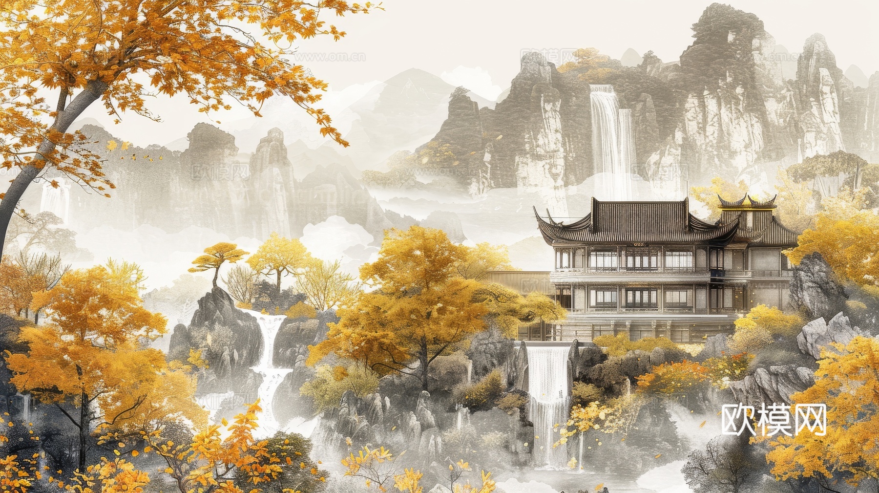 新中式亭台楼阁线条建筑壁画